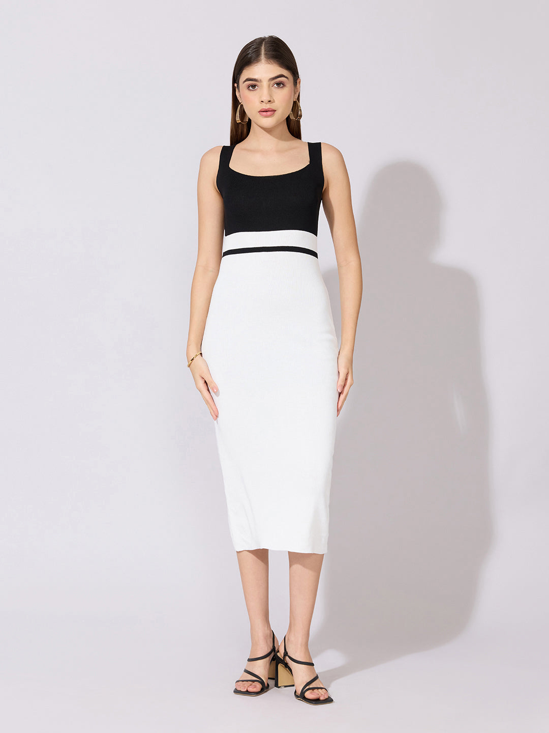 Women's Colorblock Black & White Bodycon Midi Dress