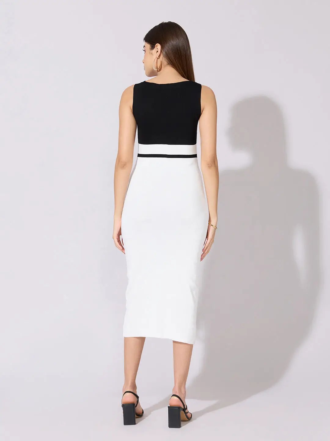 SHOWOFFFF Women's Colorblock Black & White Bodycon Midi Dress SHOWOFFFF Women's Colorblock Black & White Bodycon Midi Dress