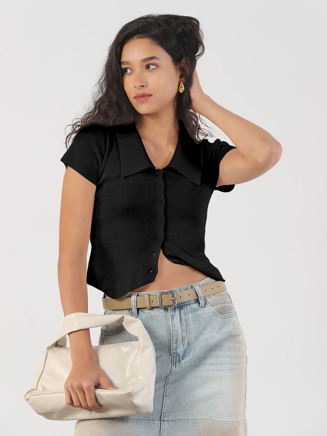Women's Black Shirt Collar Fitted Top