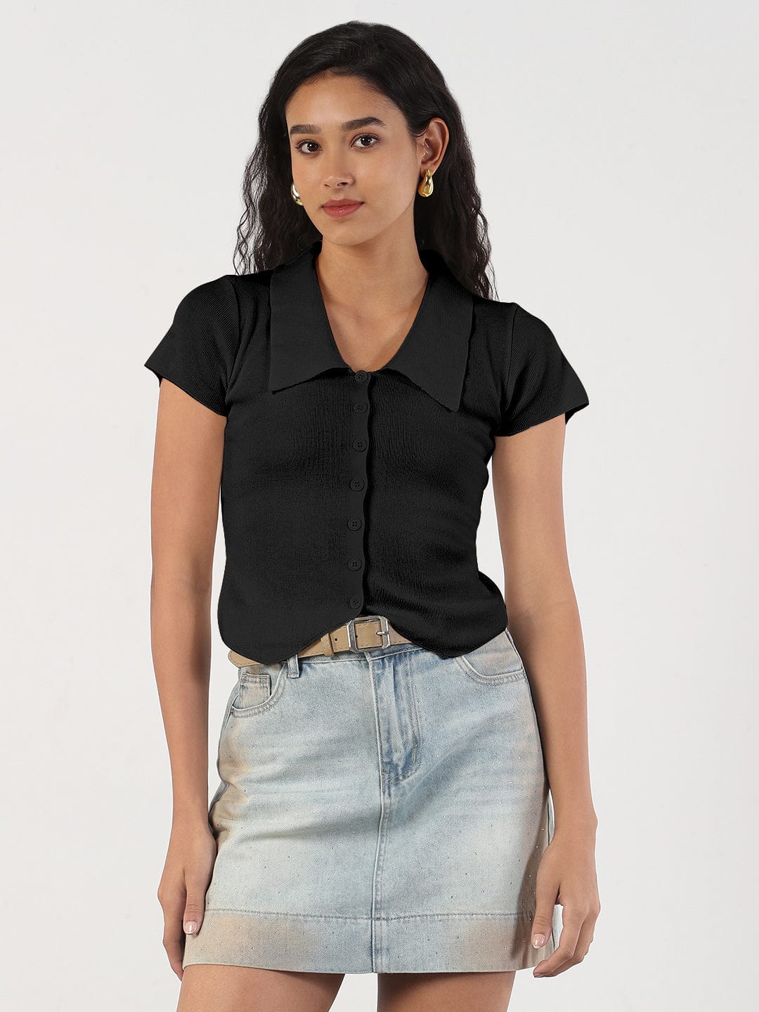 Women's Black Shirt Collar Fitted Top