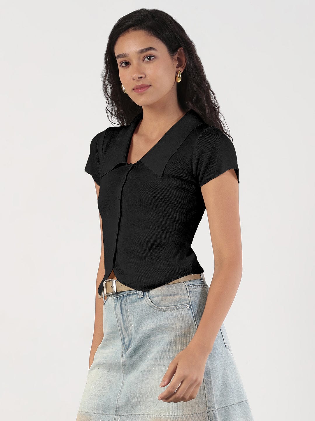 Women's Black Shirt Collar Fitted Top