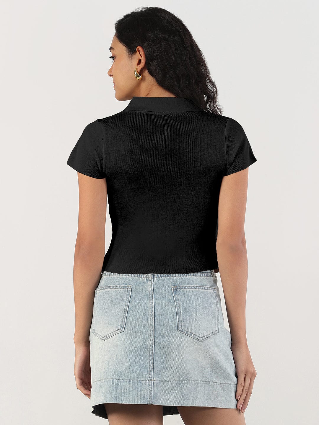 Women's Black Shirt Collar Fitted Top
