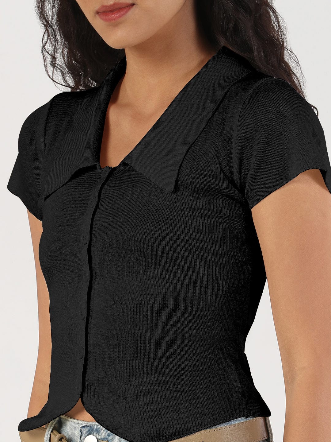 Women's Black Shirt Collar Fitted Top