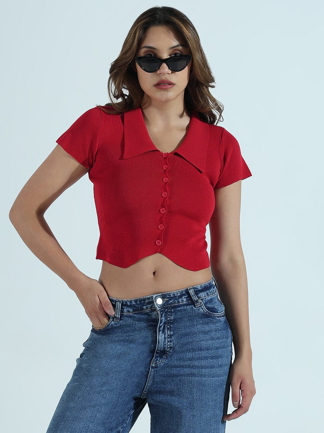 Women's Ribbed Red Spread Collar Vest Top