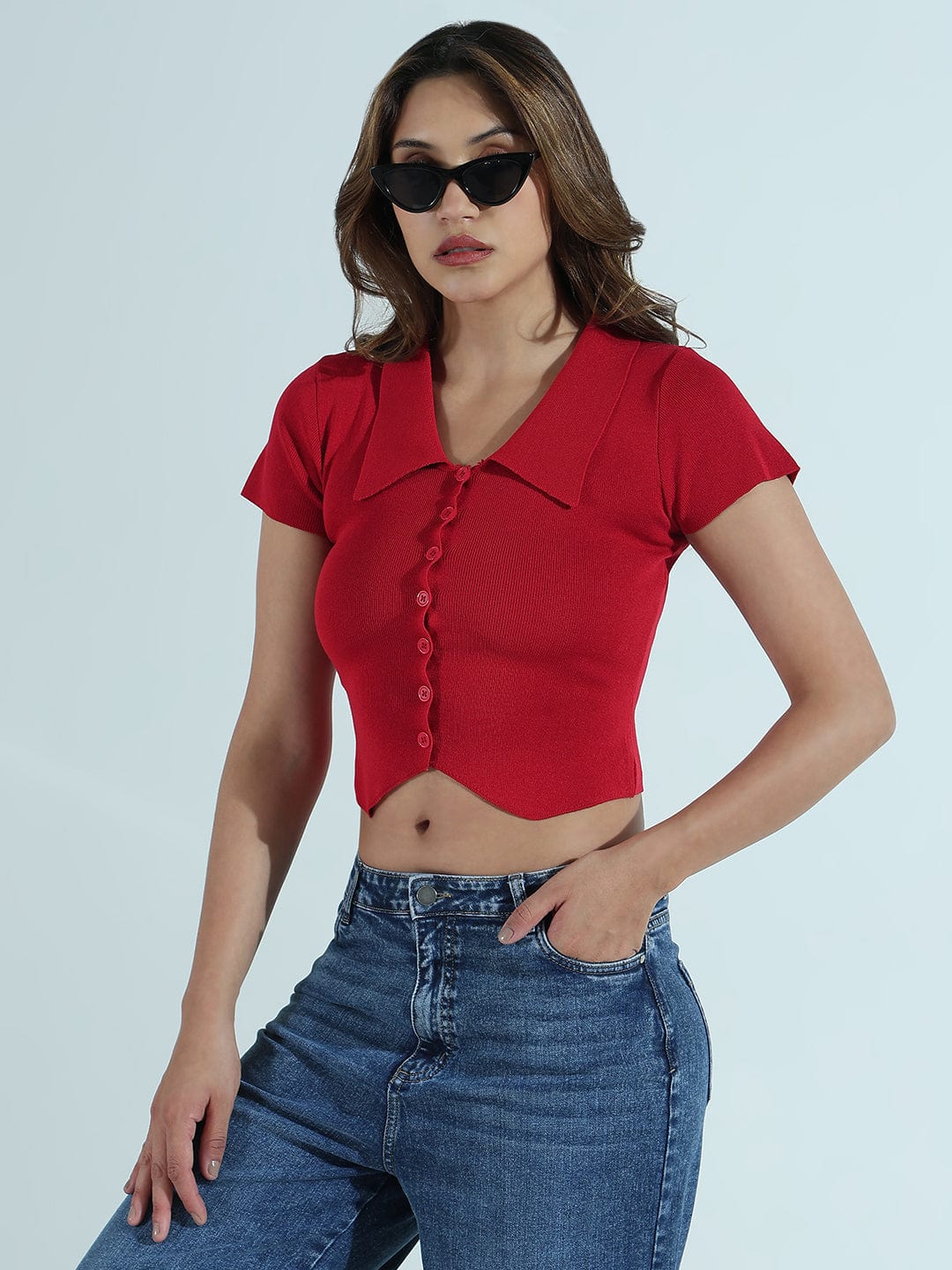 Women's Ribbed Red Spread Collar Vest Top
