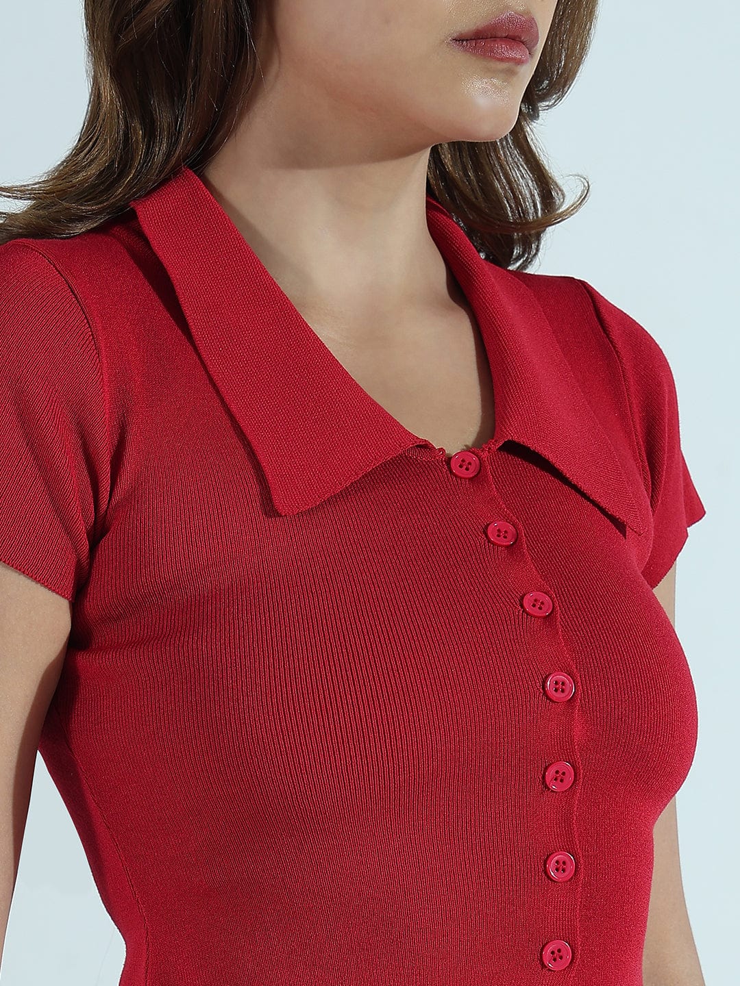 Women's Ribbed Red Spread Collar Vest Top