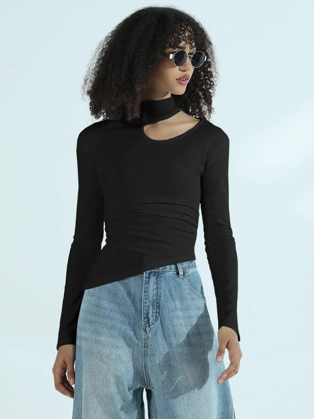 Shop Women's Black Cut-Out High Neck Asymmetric Top | Showoffff