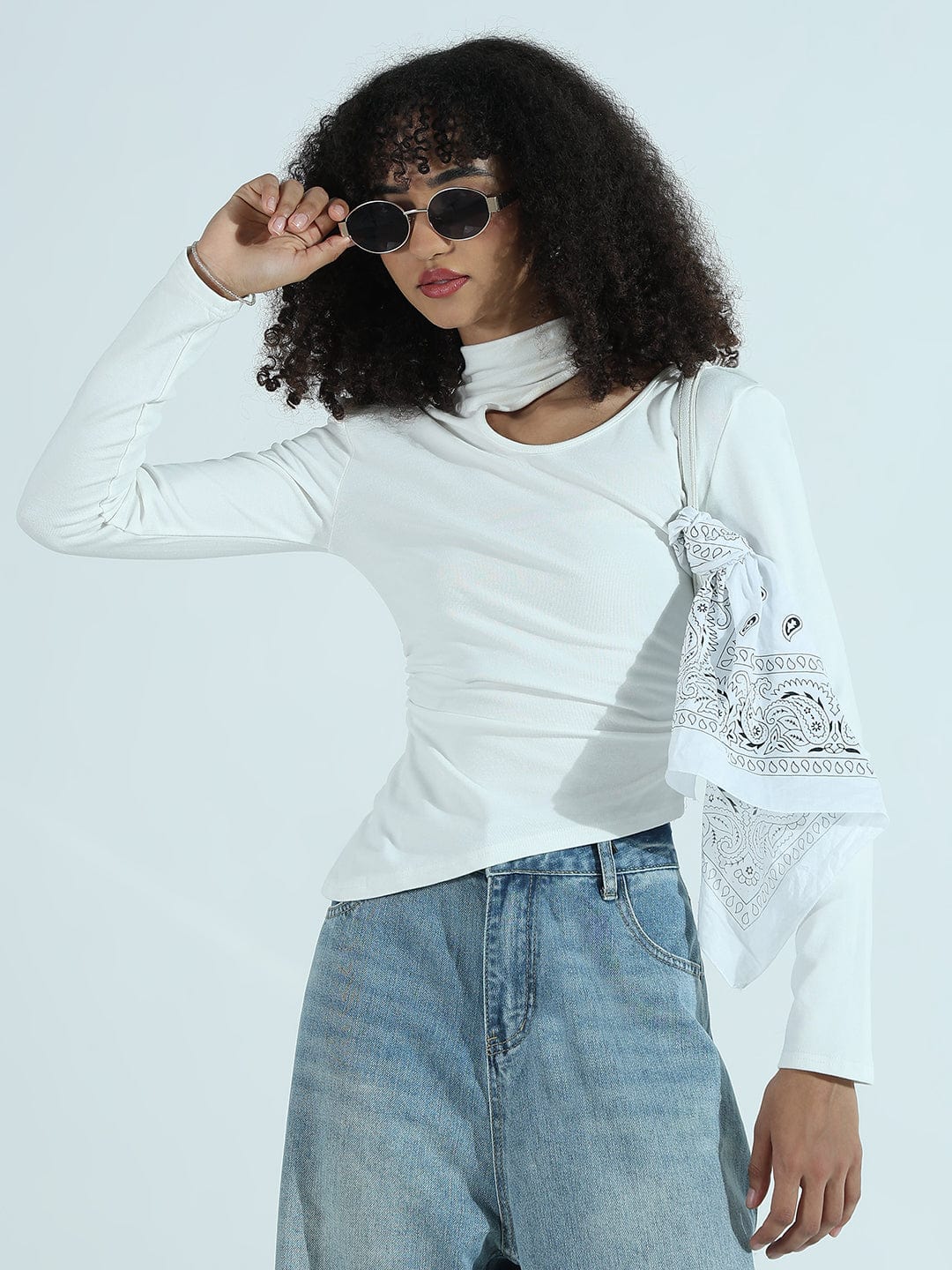 Women's White Cut-Out High Neck Asymmetric Top