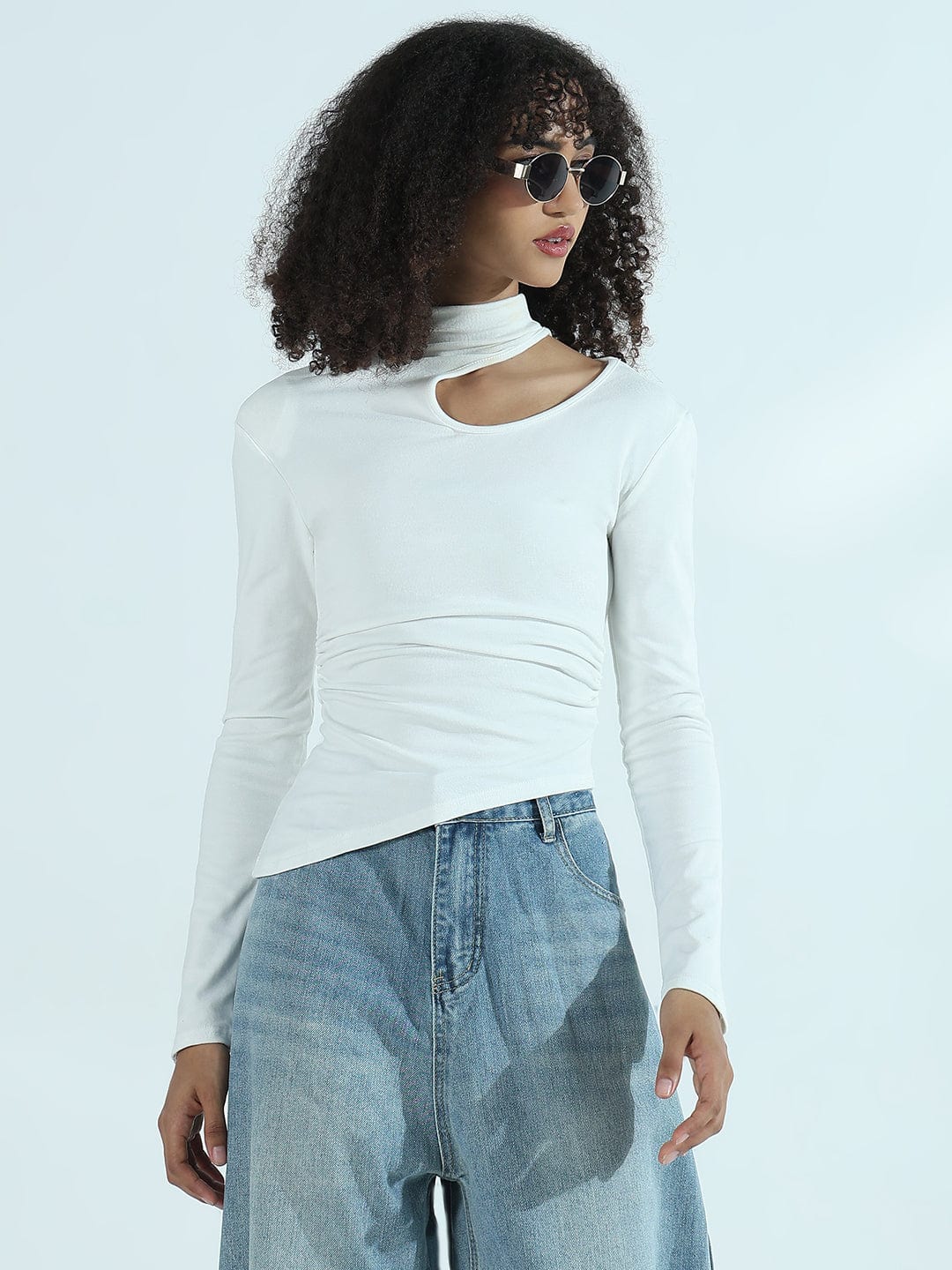 Women's White Cut-Out High Neck Asymmetric Top