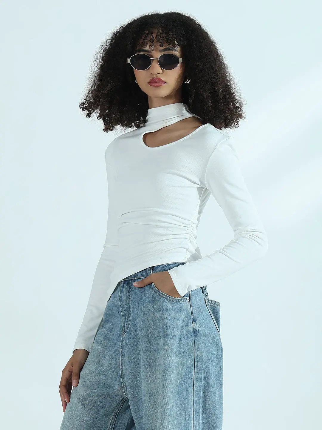 Women's White Cut-Out High Neck Asymmetric Top - from SHOWOFFFF