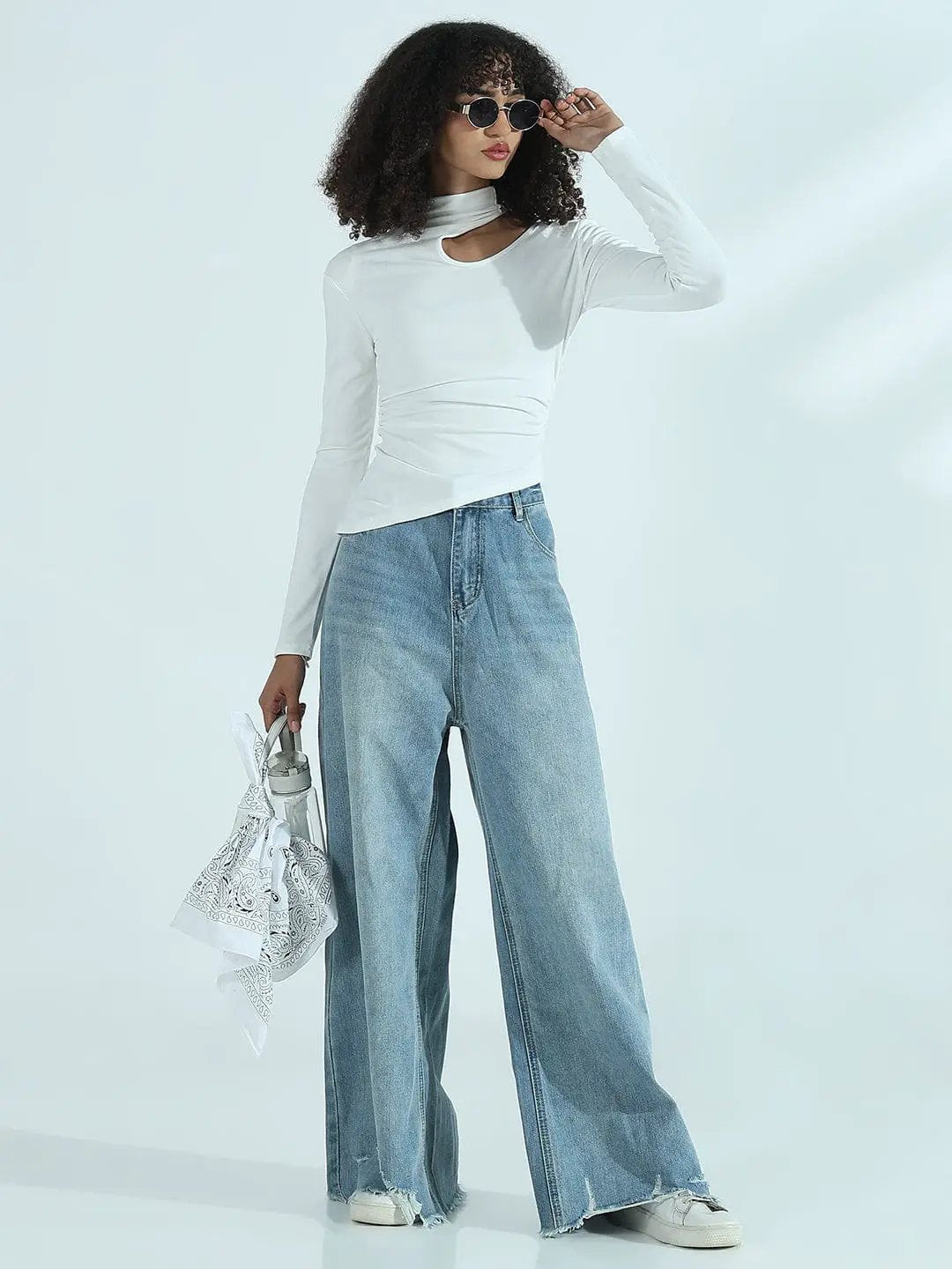 Women's White Cut-Out High Neck Asymmetric Top - from SHOWOFFFF