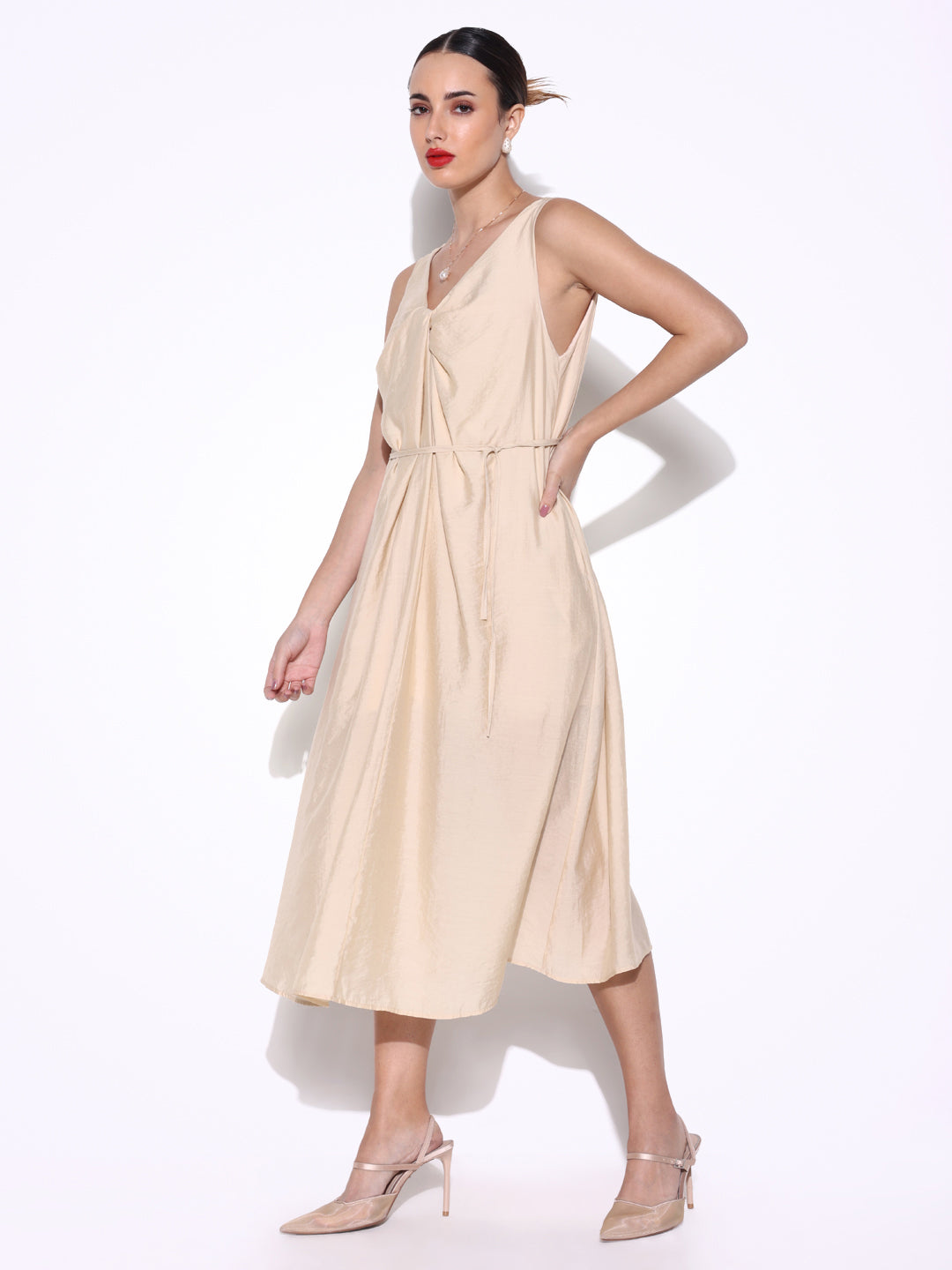 Women Solid Beige A Line Dress