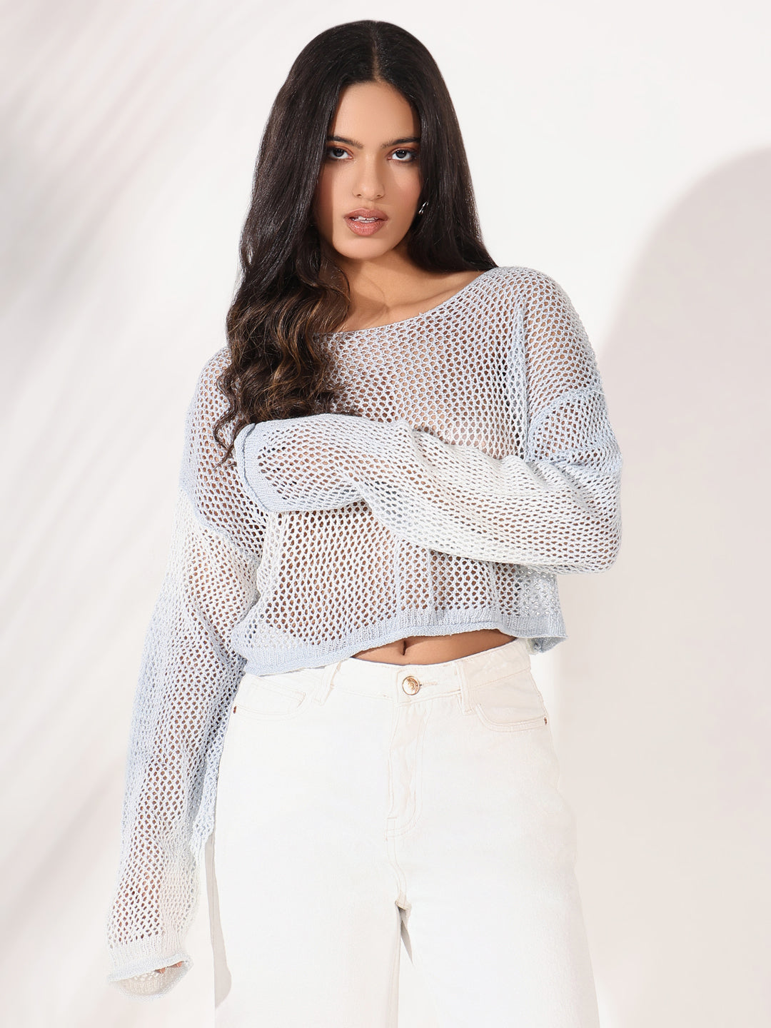 Women Blue Solid Crochet Crop Top