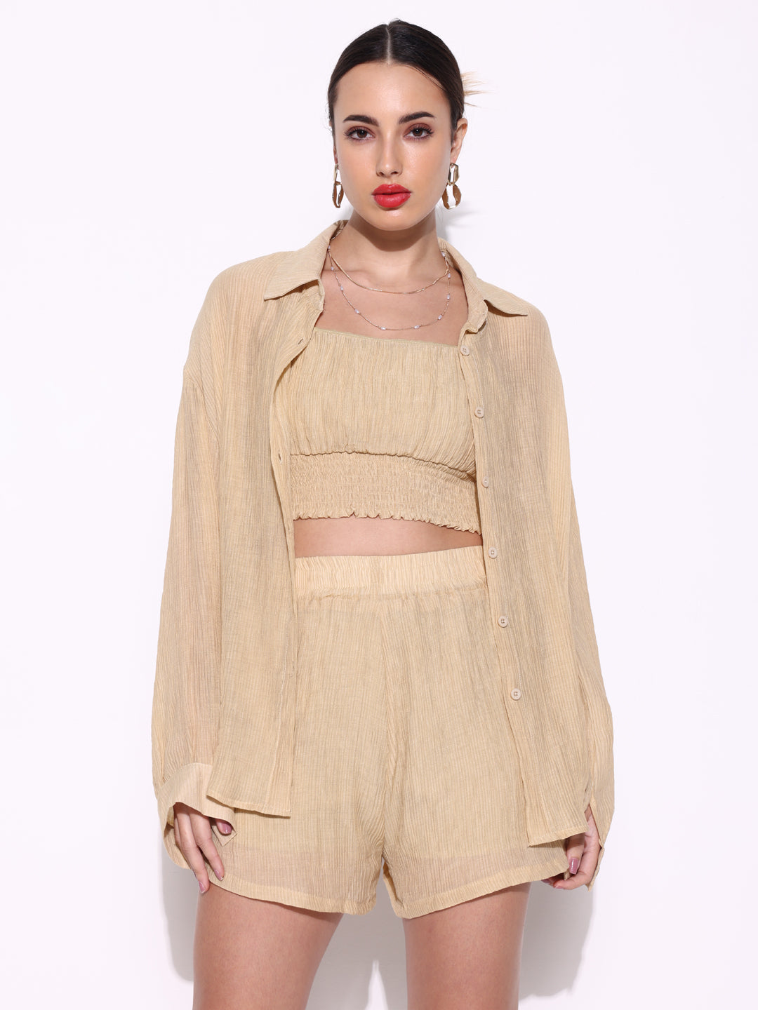 Women Solid Beige Co Ords Set with Shirt