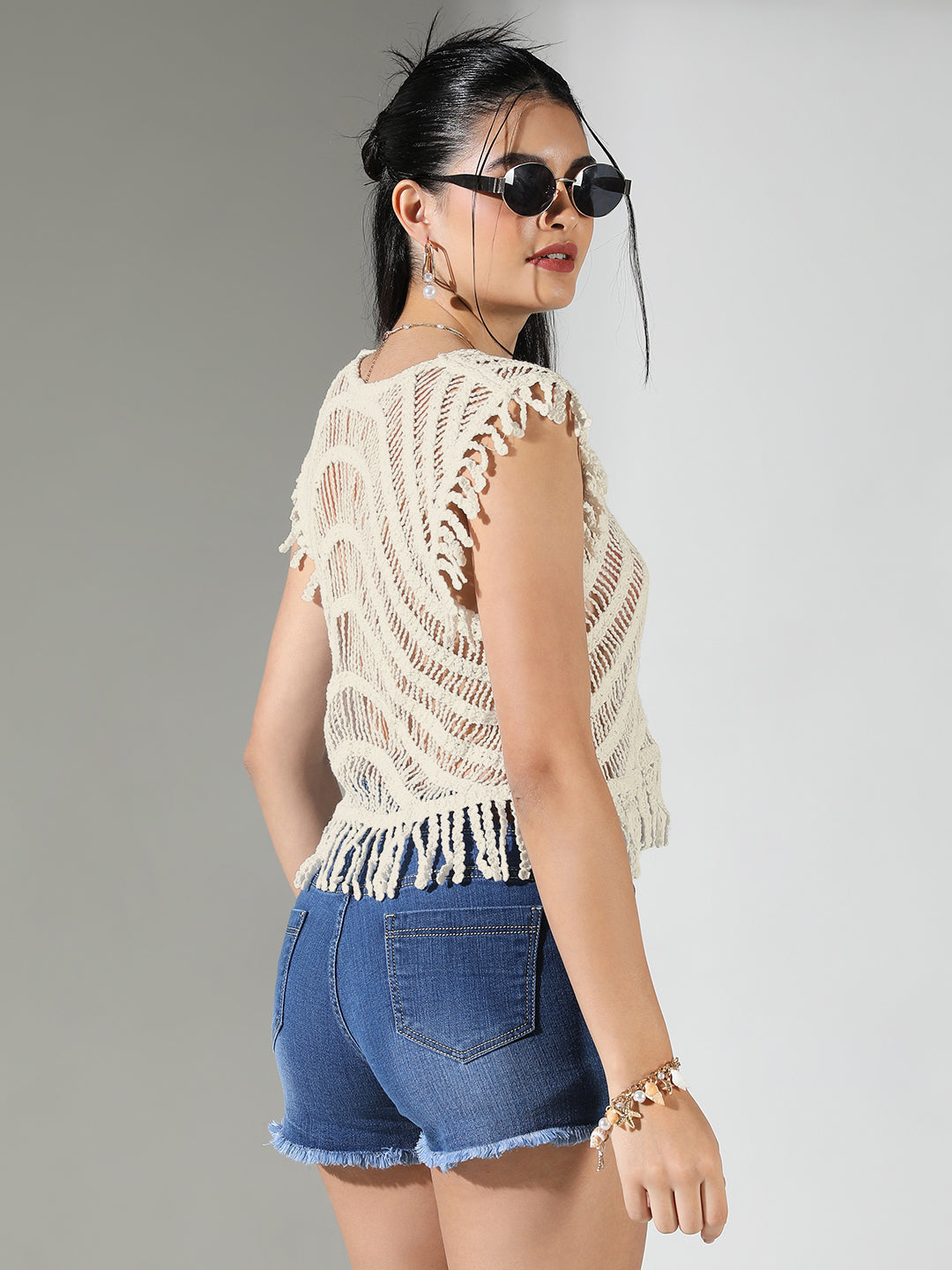 Women Self Design Cream Round Neck Crochet Crop Top