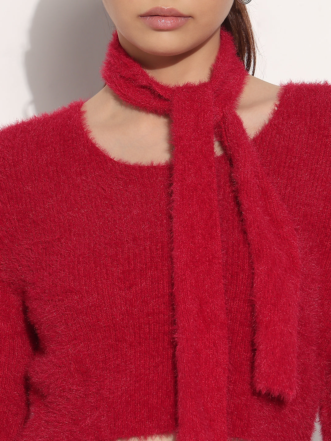 Women's Ribbed Red Fuzzy Knit Crop Top with Tie Up Neck Scarf