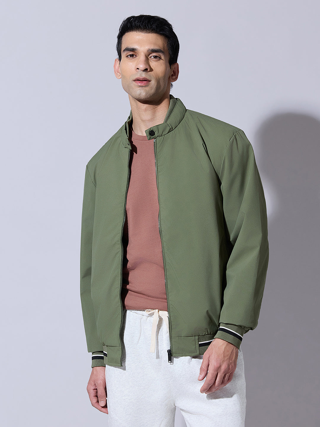 Men's Green Zip-Up Bomber Jacket with Ribbed Hem