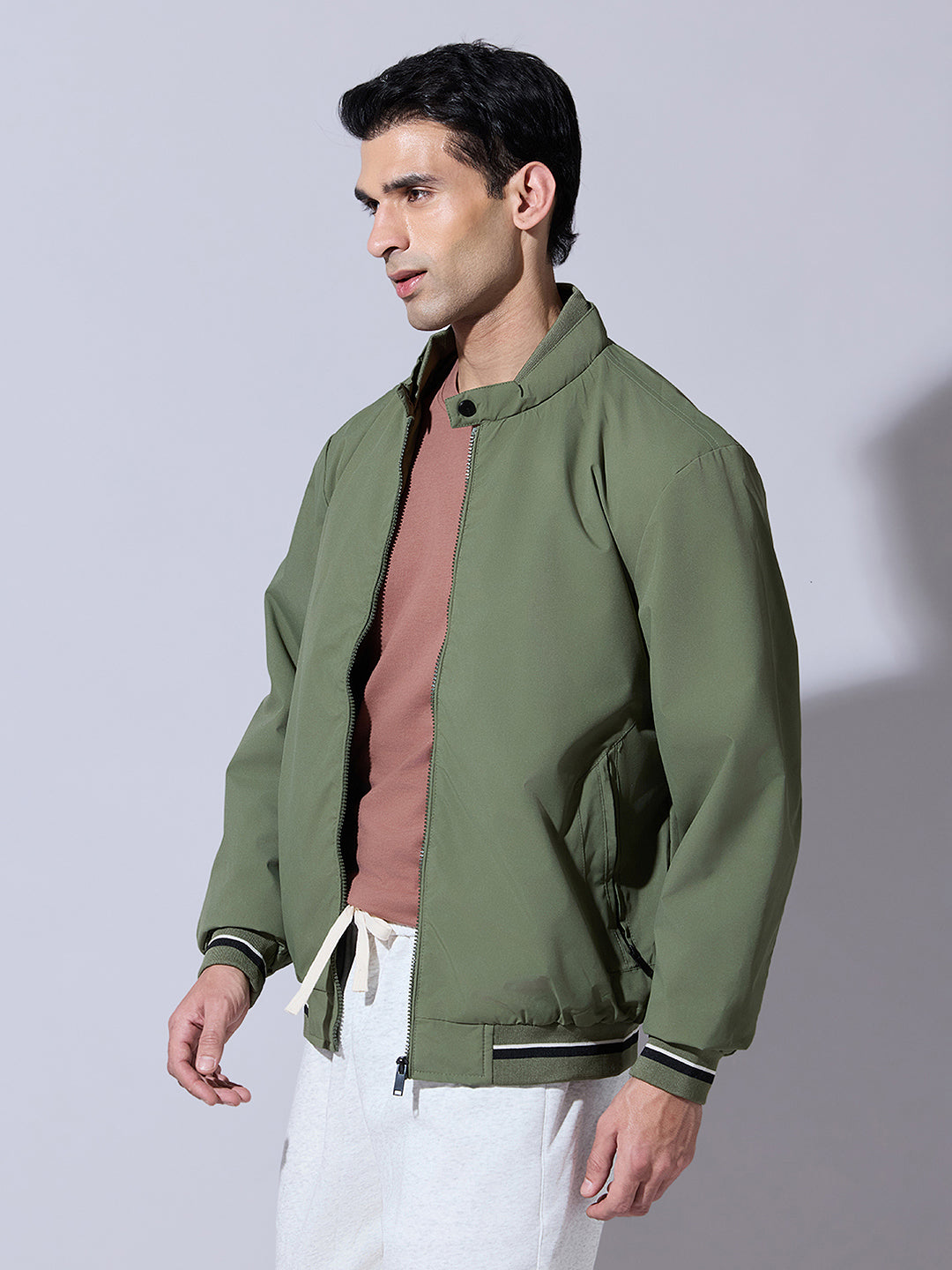 Men's Green Zip-Up Bomber Jacket with Ribbed Hem