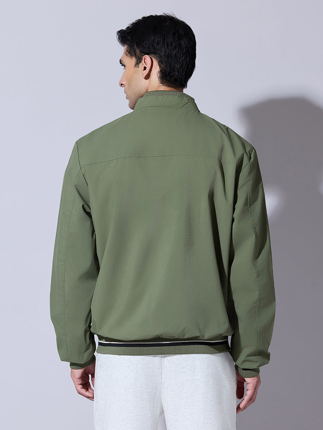 Men's Green Zip-Up Bomber Jacket with Ribbed Hem