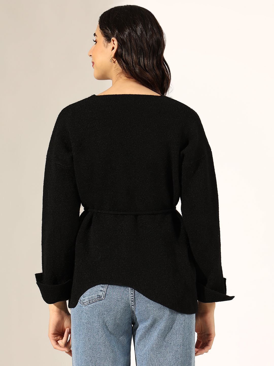 Women's Knitted Black V-Neck Top with Tie-Up Belt