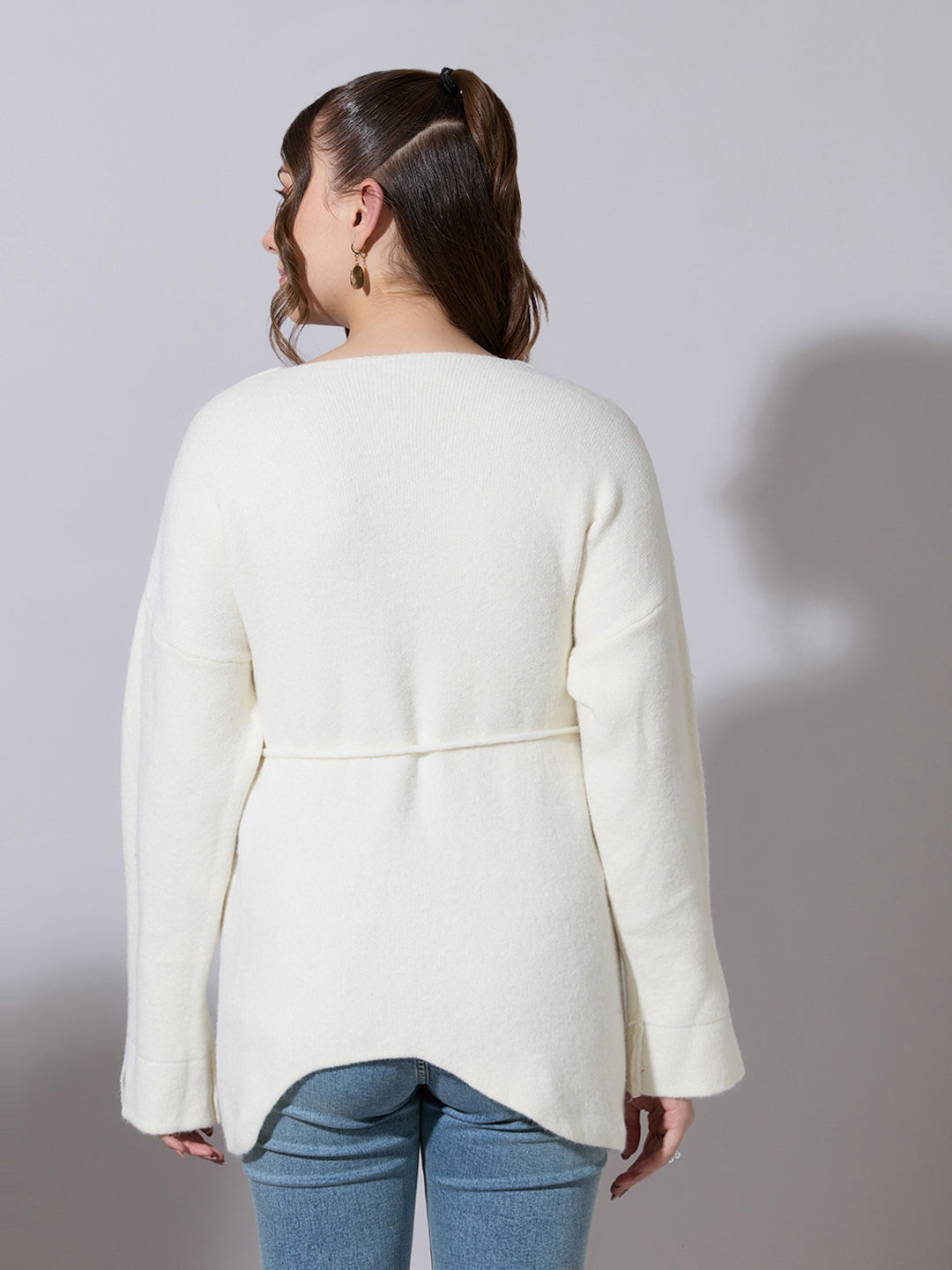 Women's Knitted Off White V-Neck Top with Tie-Up Belt