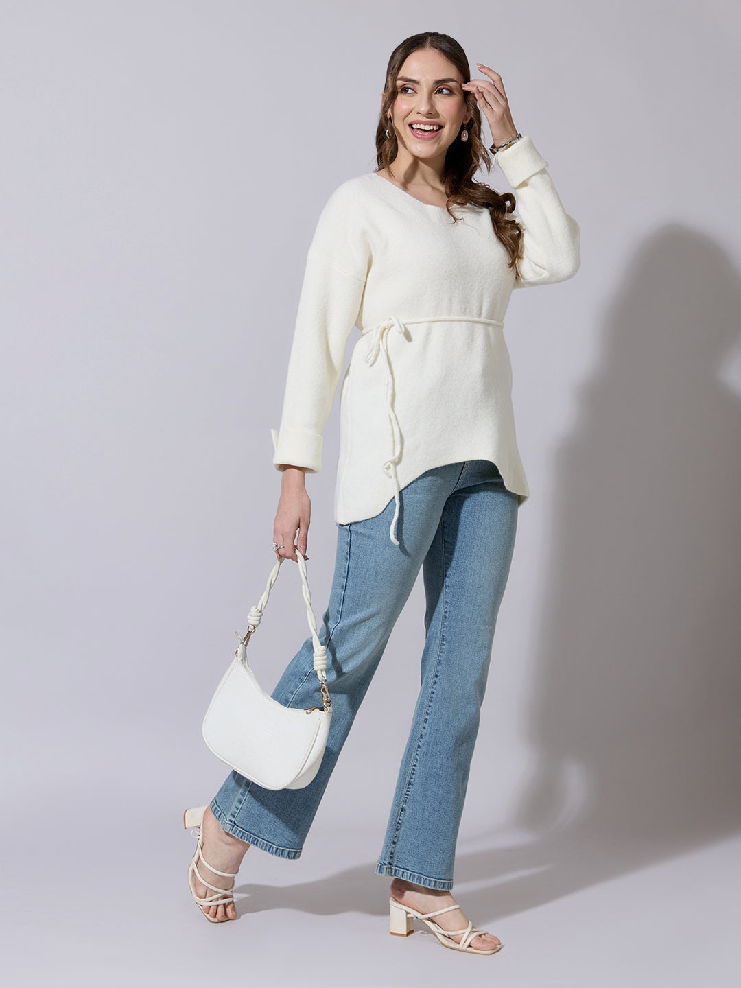 Women's Knitted Off White V-Neck Top with Tie-Up Belt