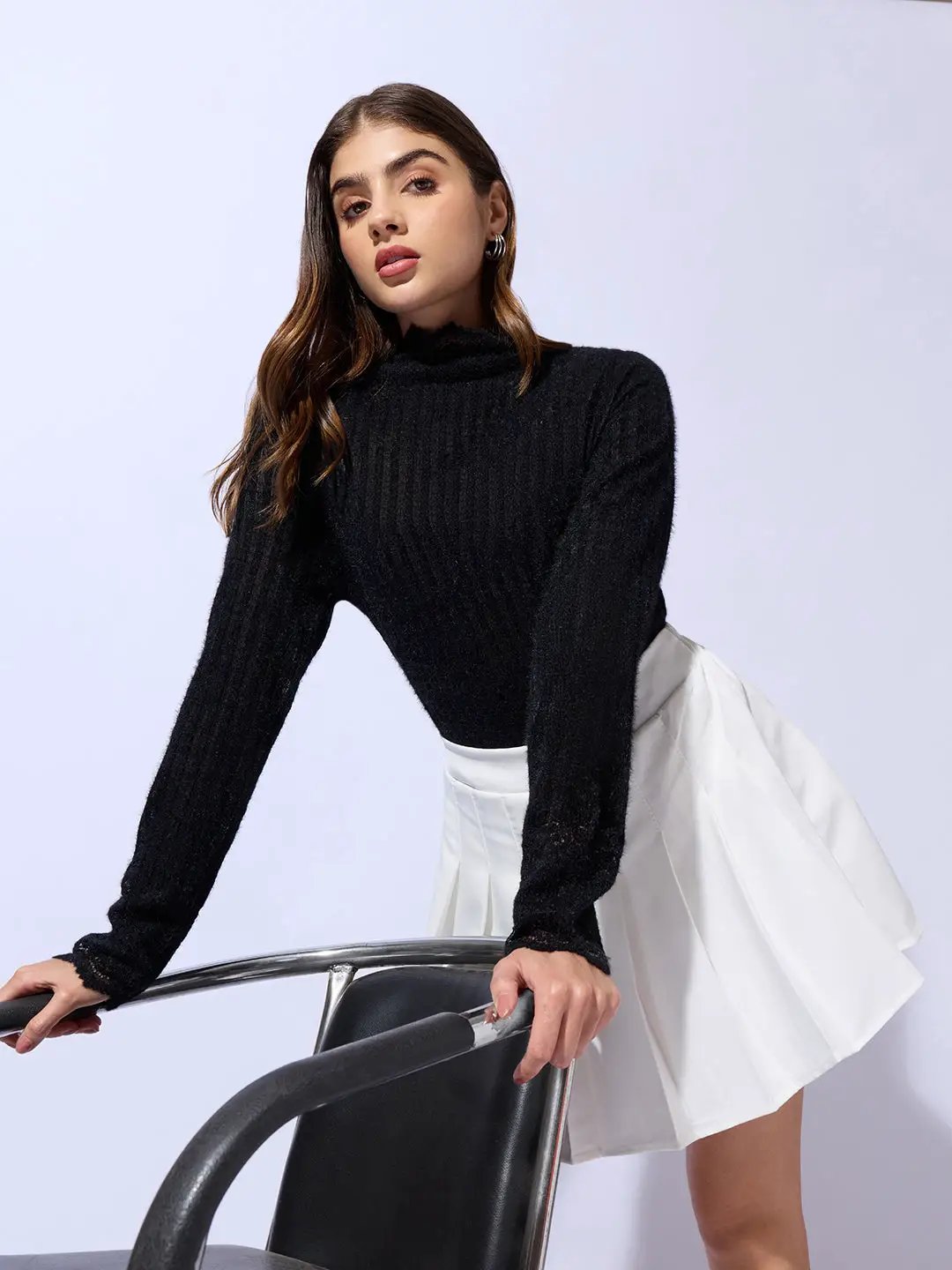 Women's Ribbed Black Long Sleeve Top with Lace Trim Details