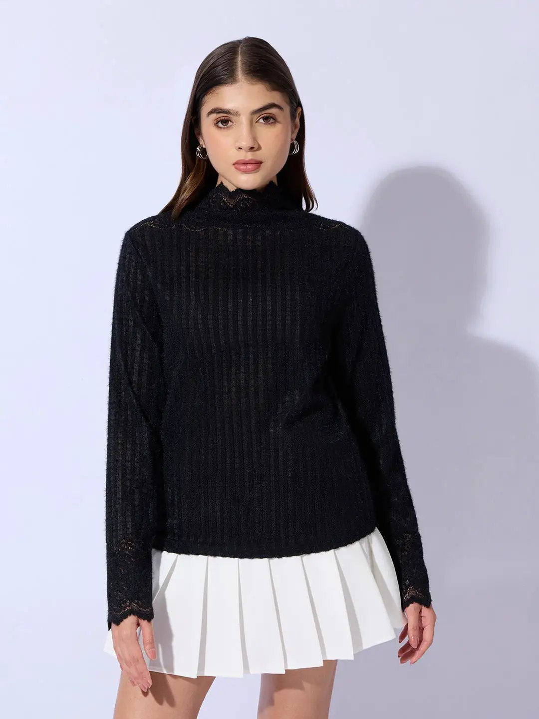 Women's Ribbed Black Long Sleeve Top with Lace Trim Details