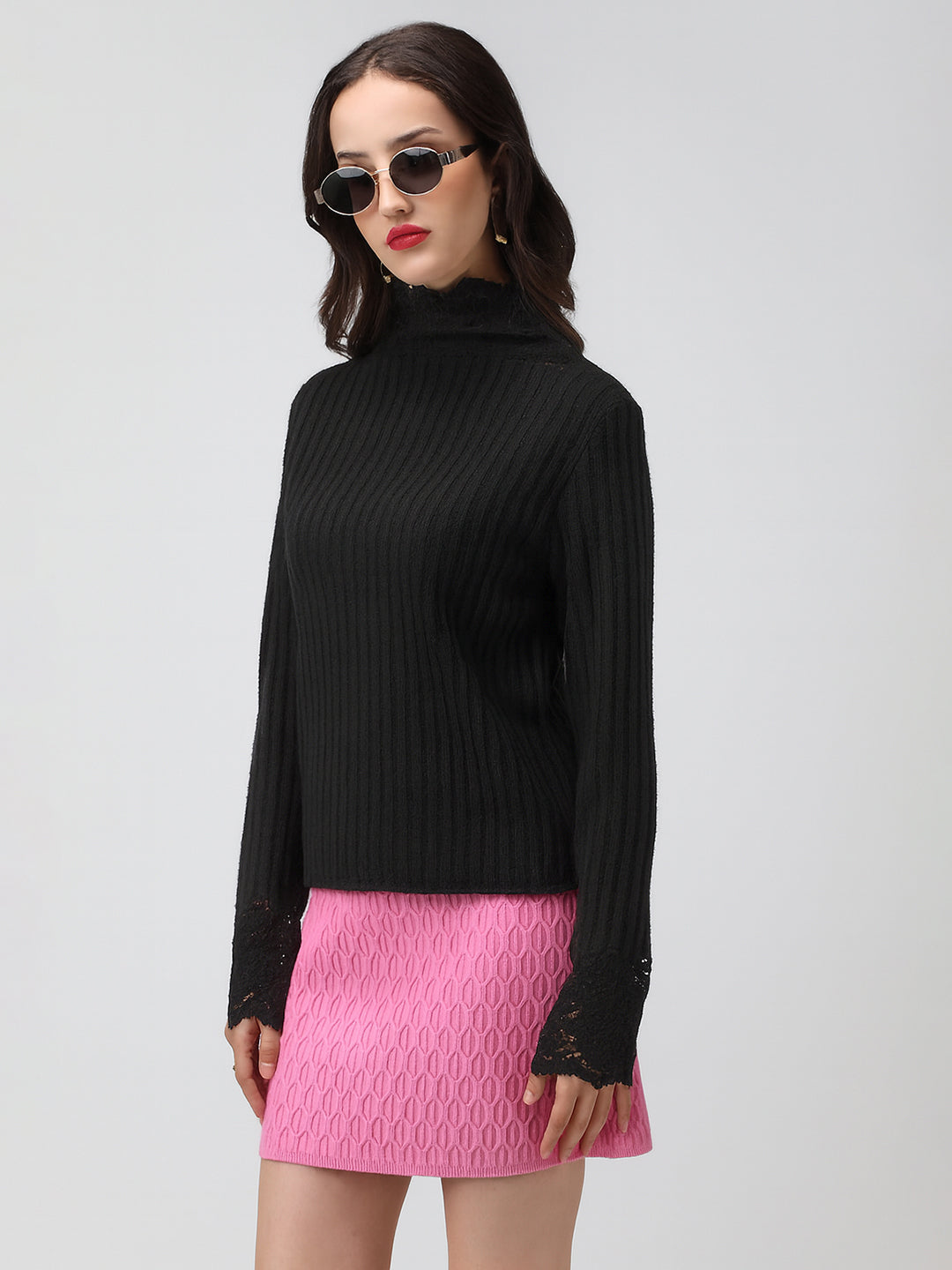 Women's Ribbed Black Long Sleeve Top with Lace Trim Details