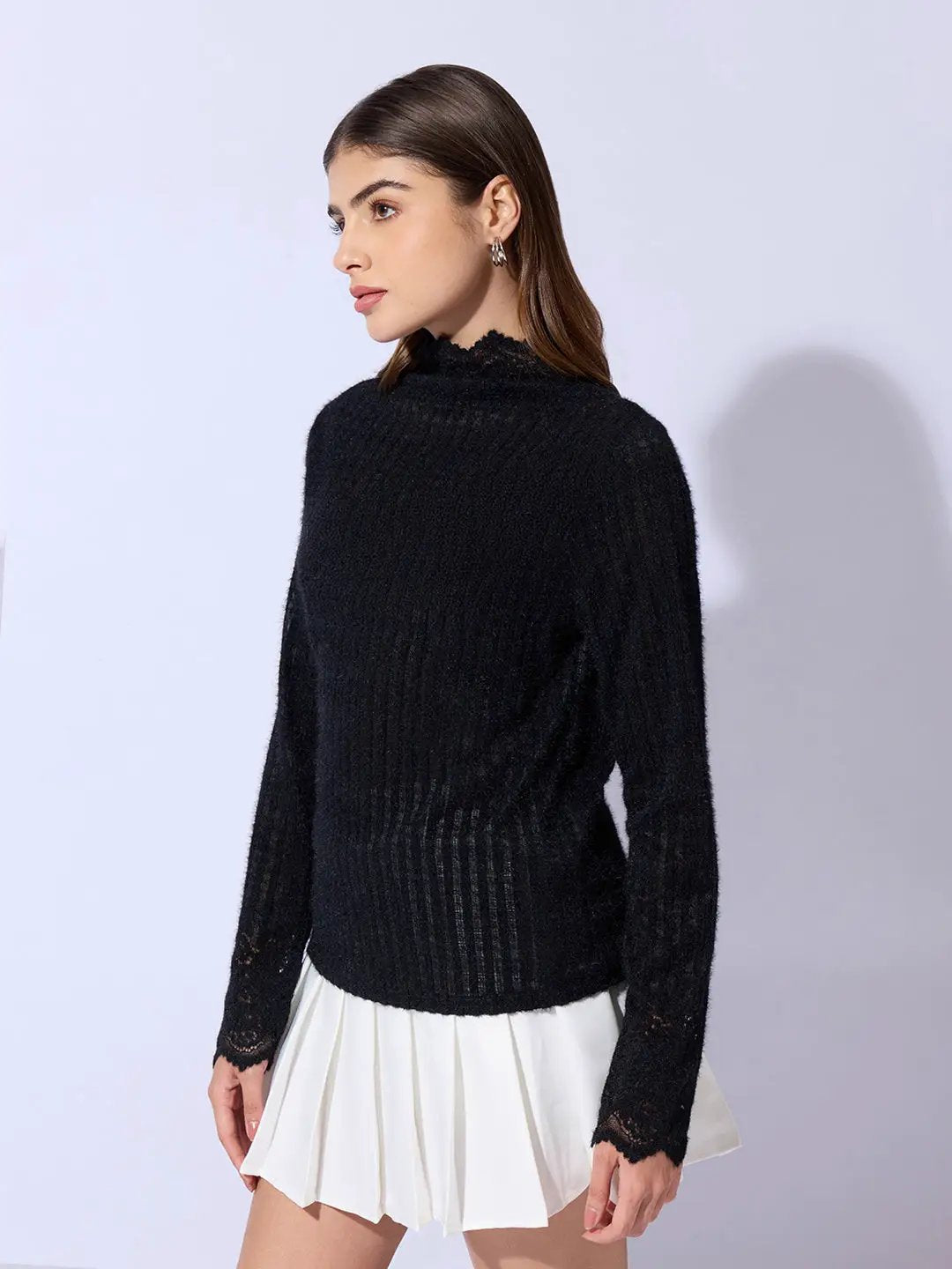 Women's Ribbed Black Long Sleeve Top with Lace Trim Details