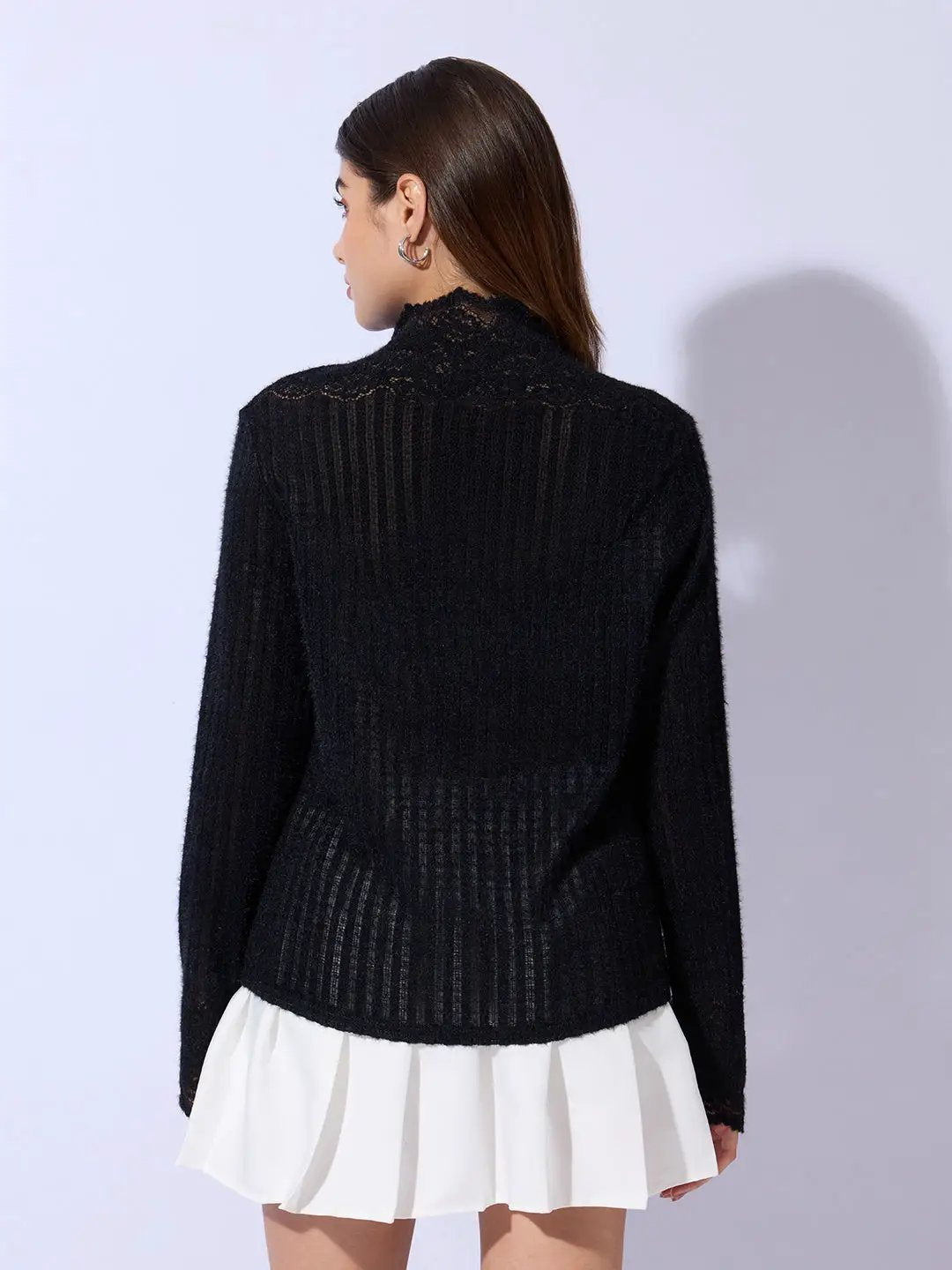 Women's Ribbed Black Long Sleeve Top with Lace Trim Details