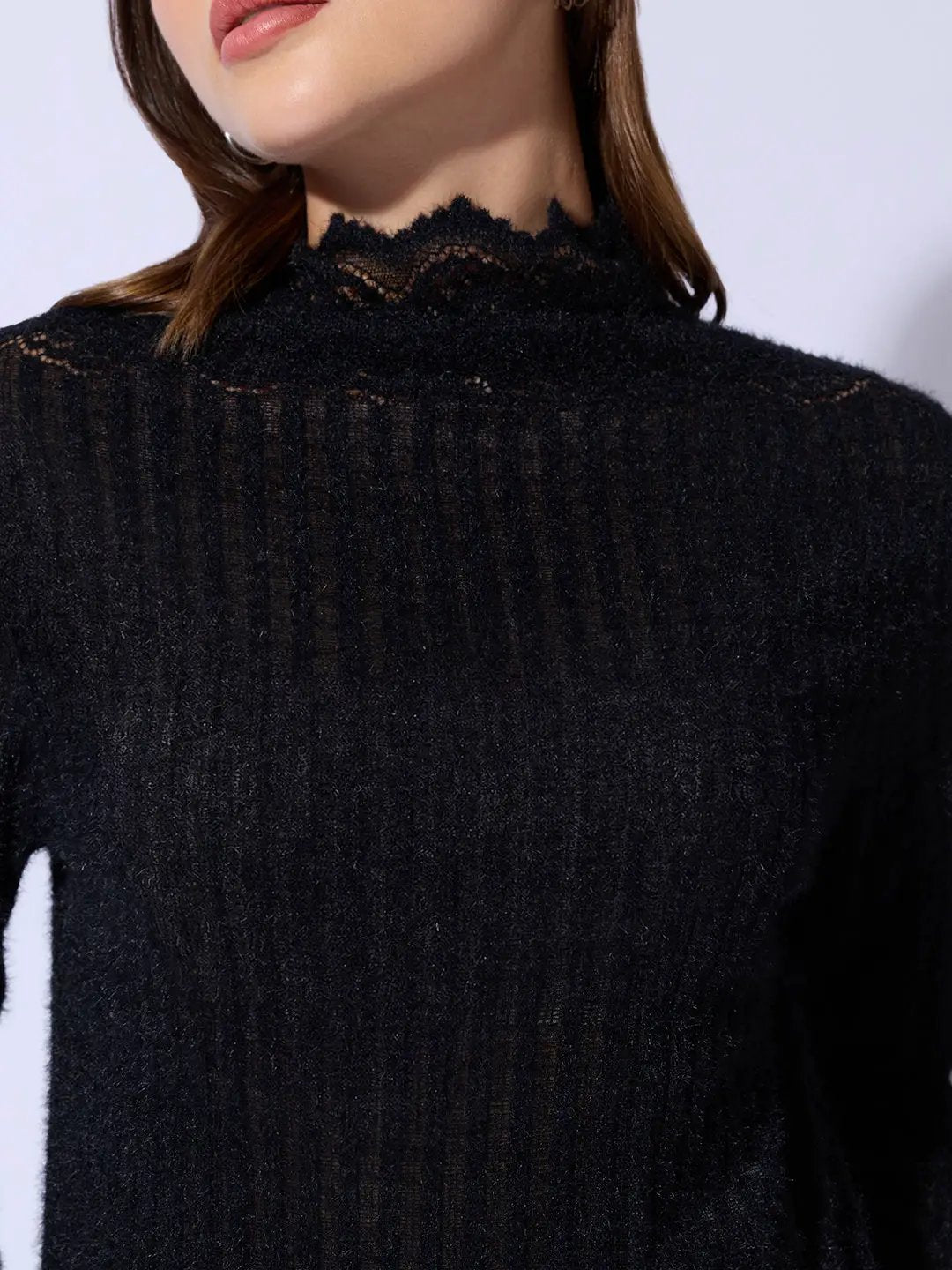 Women's Ribbed Black Long Sleeve Top with Lace Trim Details