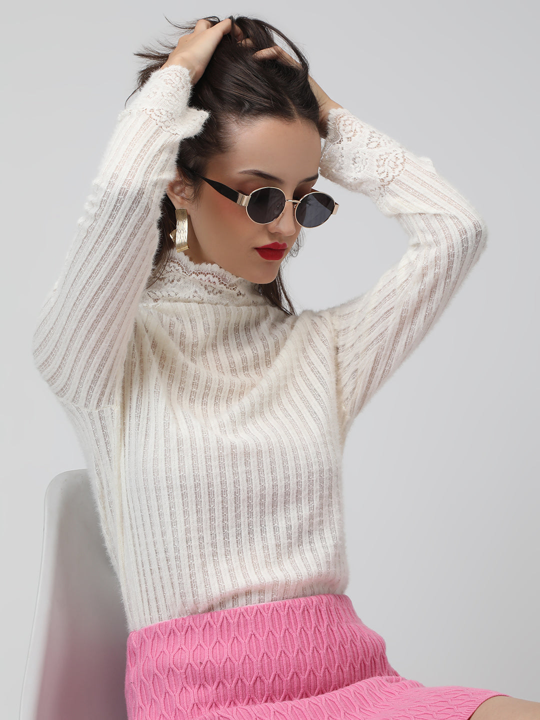 Women's Ribbed Off White Long Sleeve Top with Lace Trim Details