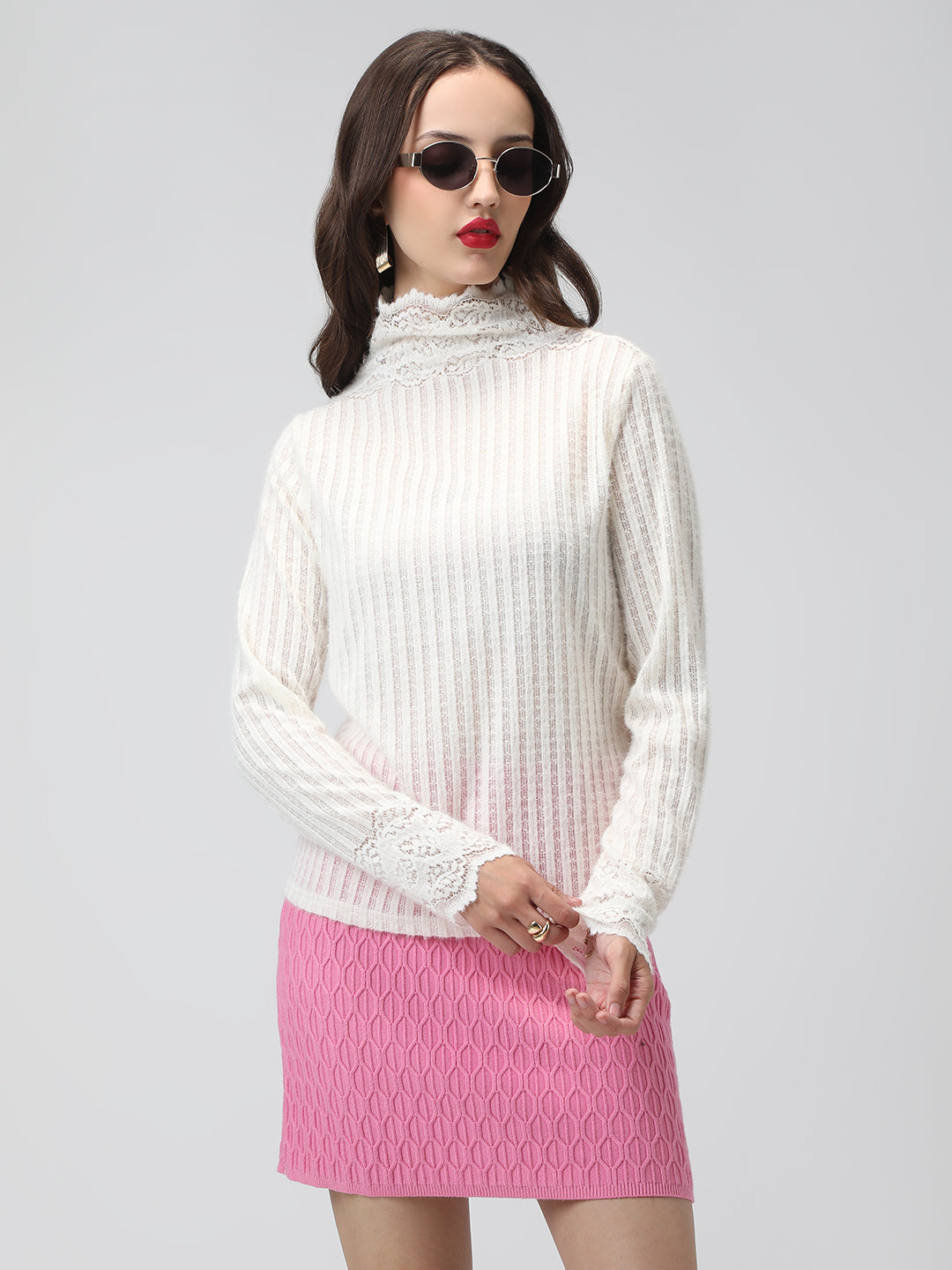 Women's Ribbed Off White Long Sleeve Top with Lace Trim Details