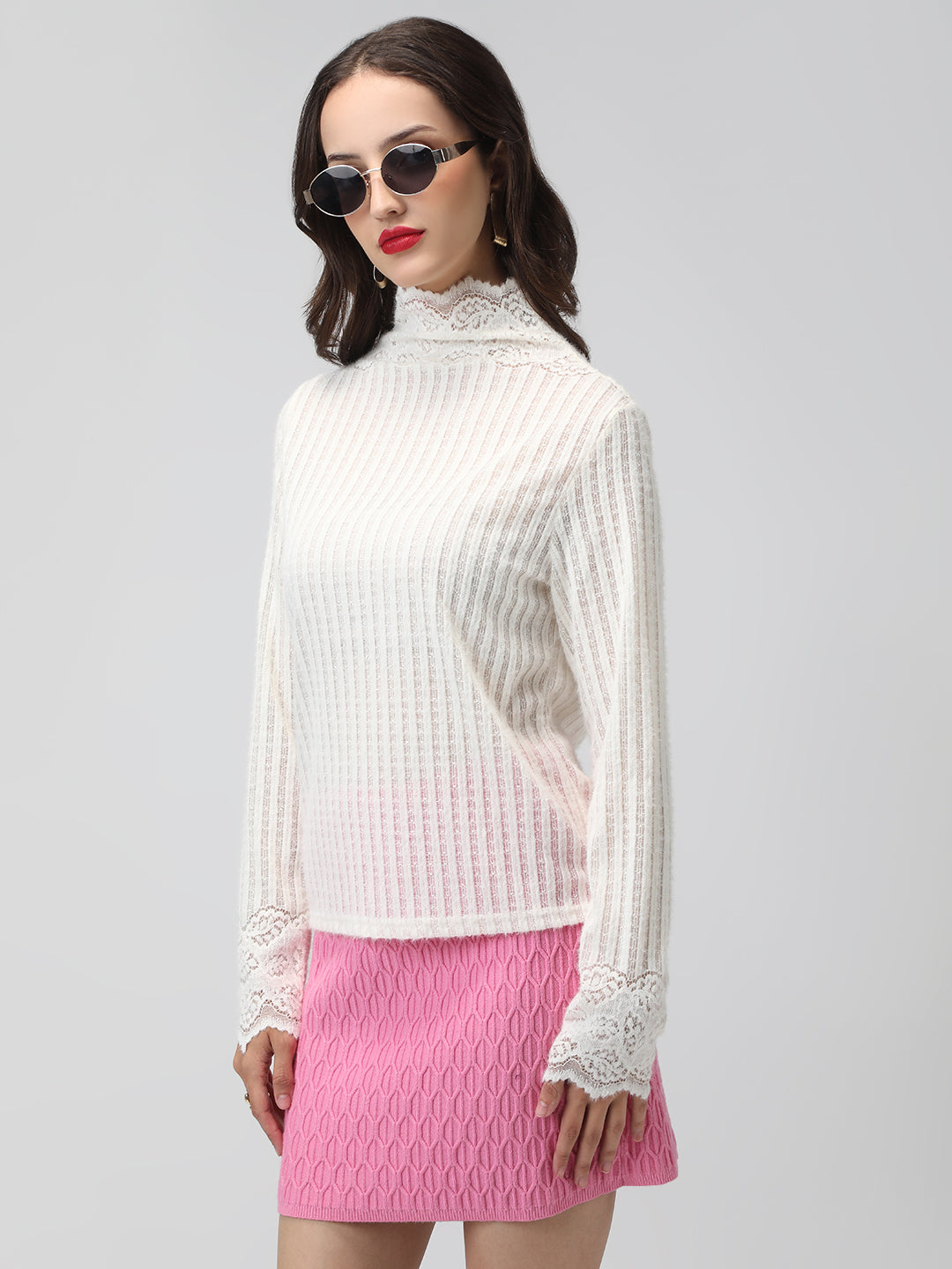 Women's Ribbed Off White Long Sleeve Top with Lace Trim Details