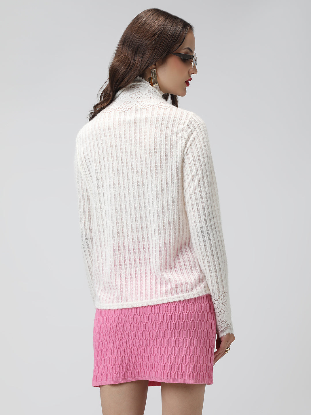 Women's Ribbed Off White Long Sleeve Top with Lace Trim Details