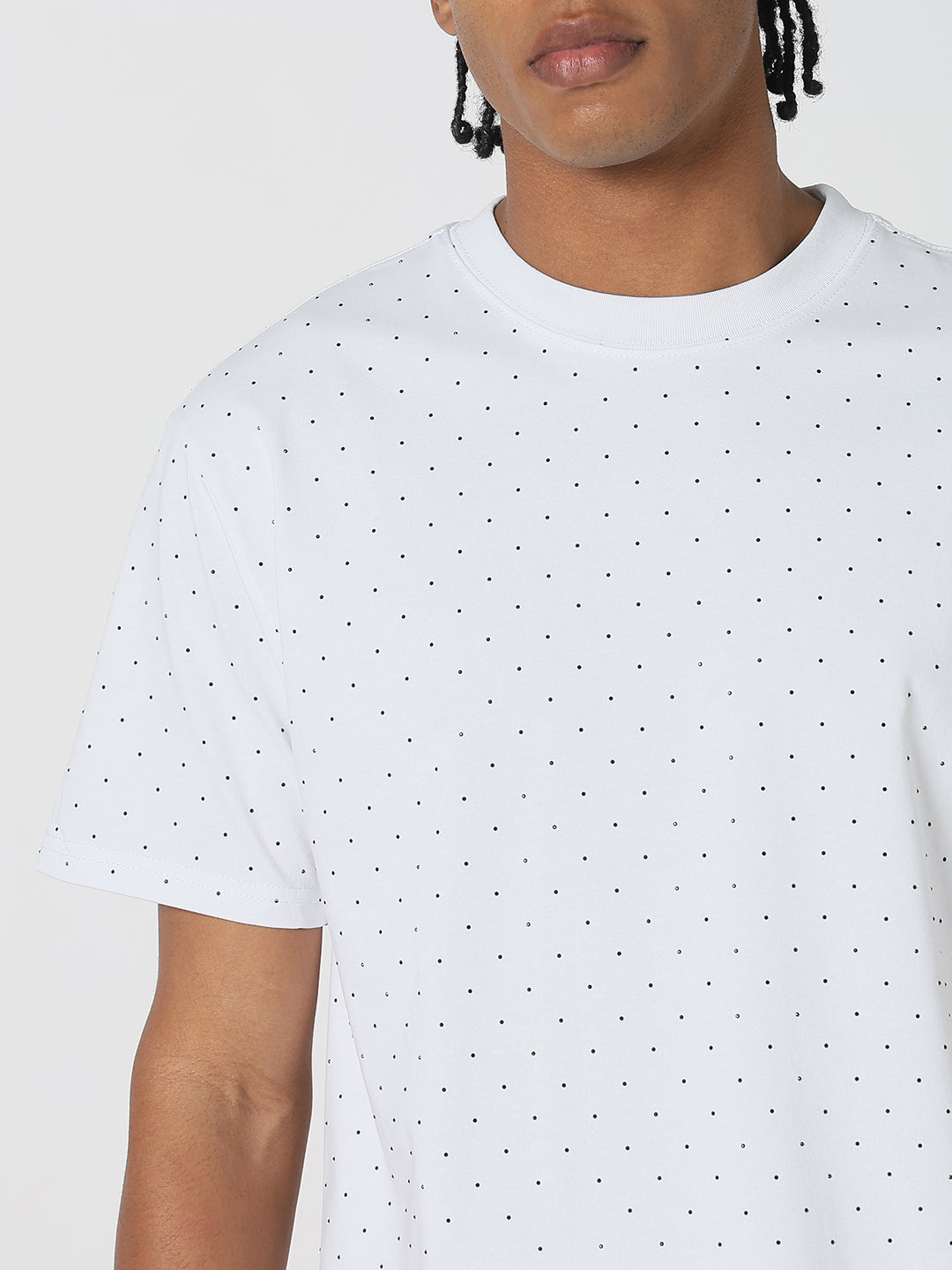 Men Casual White & Black Dots T-Shirt