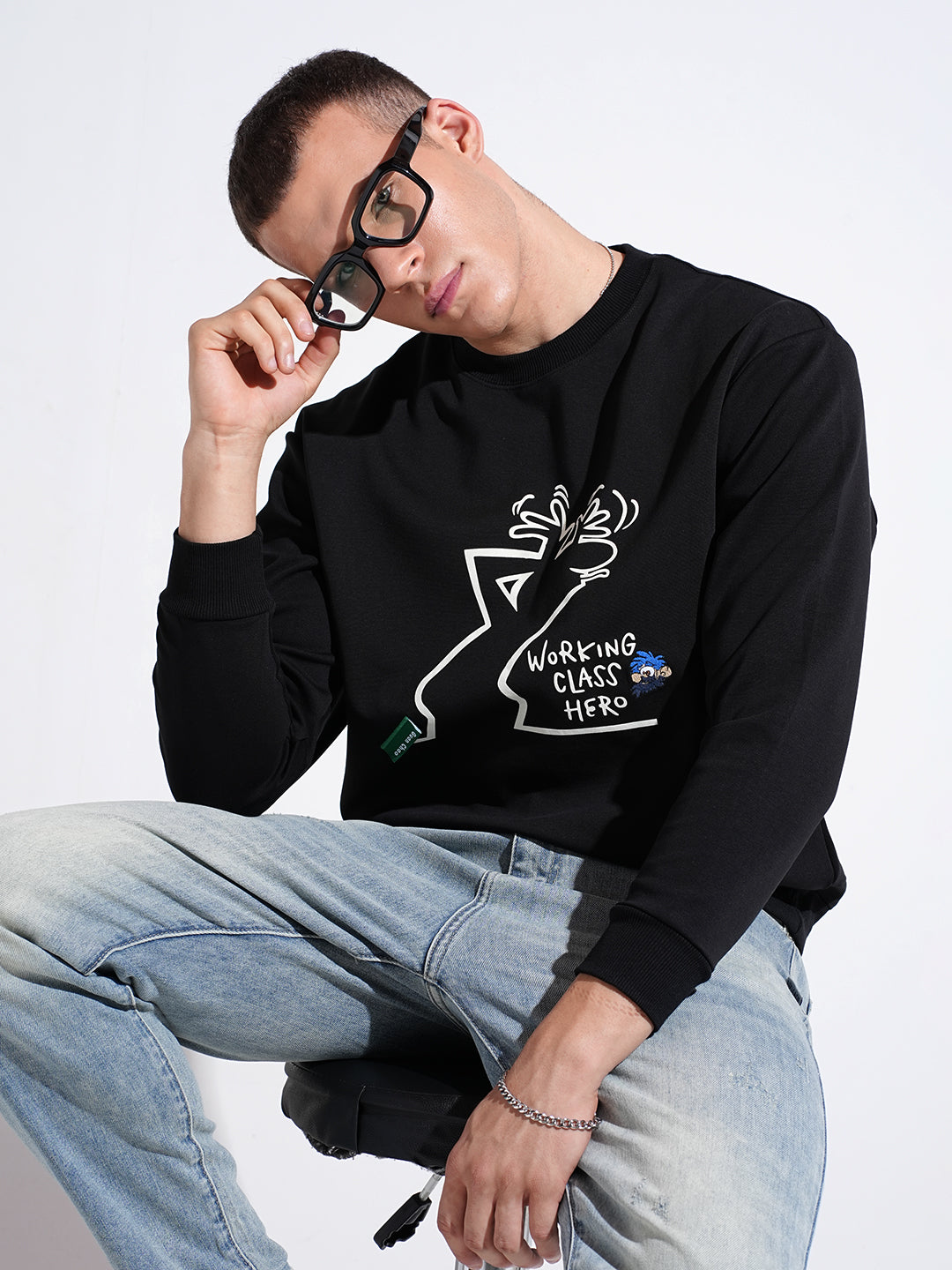 Men's Graphic Print Black Round Neck Ribbed Regular Fit Sweatshirt