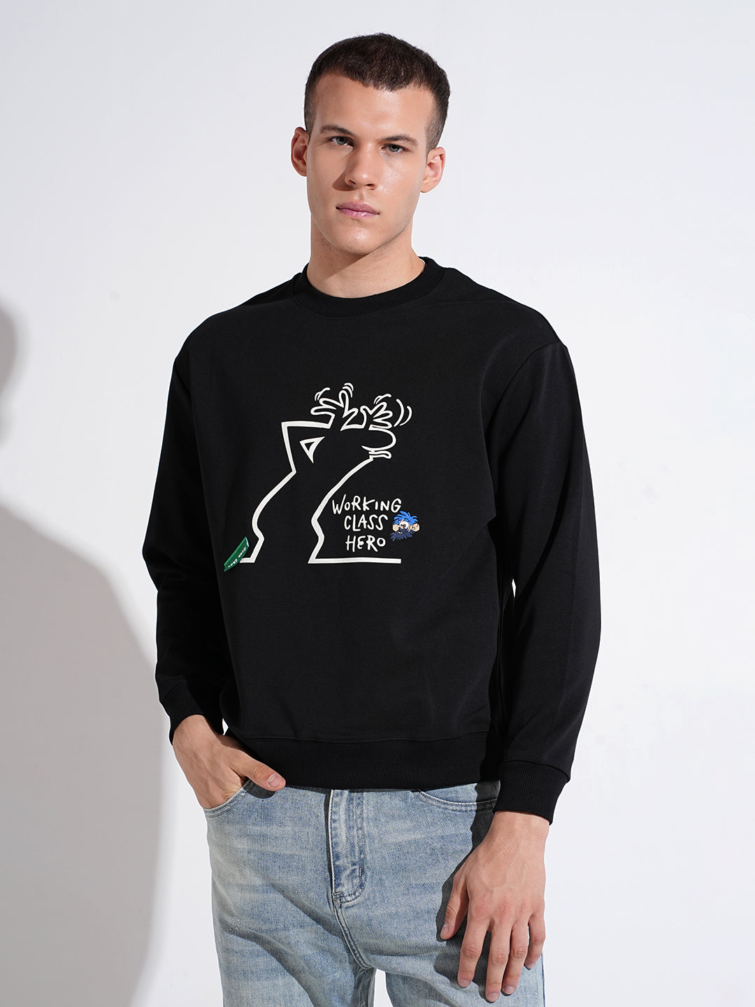 Men's Graphic Print Black Round Neck Ribbed Regular Fit Sweatshirt