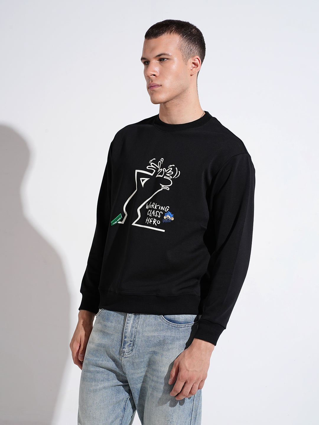 Men's Graphic Print Black Round Neck Ribbed Regular Fit Sweatshirt