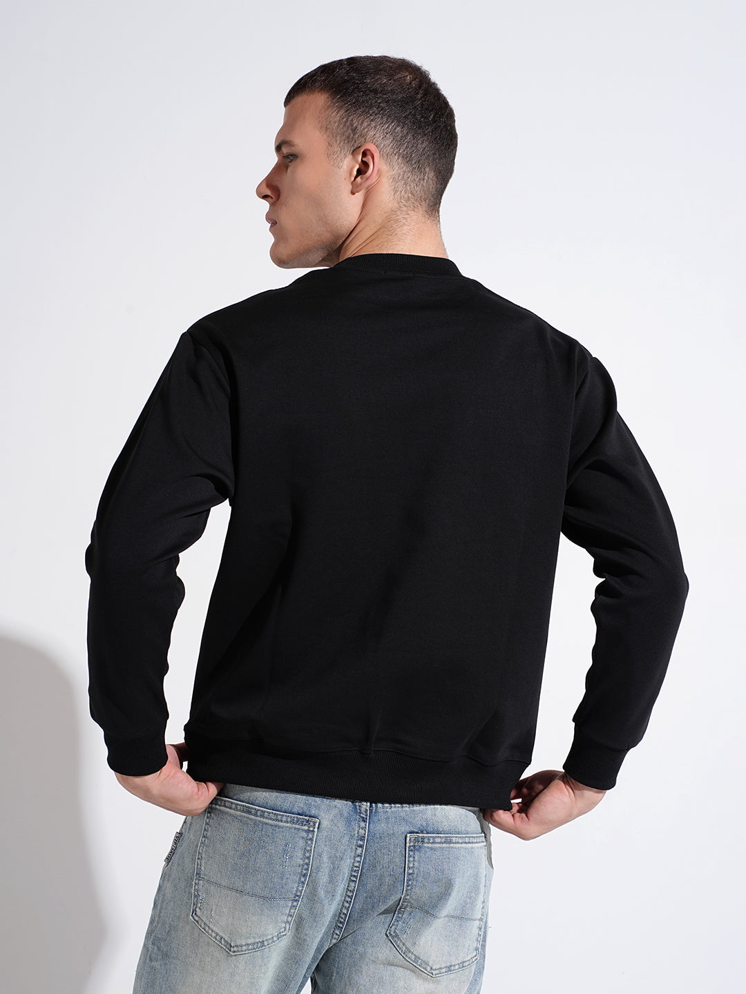 Men's Graphic Print Black Round Neck Ribbed Regular Fit Sweatshirt