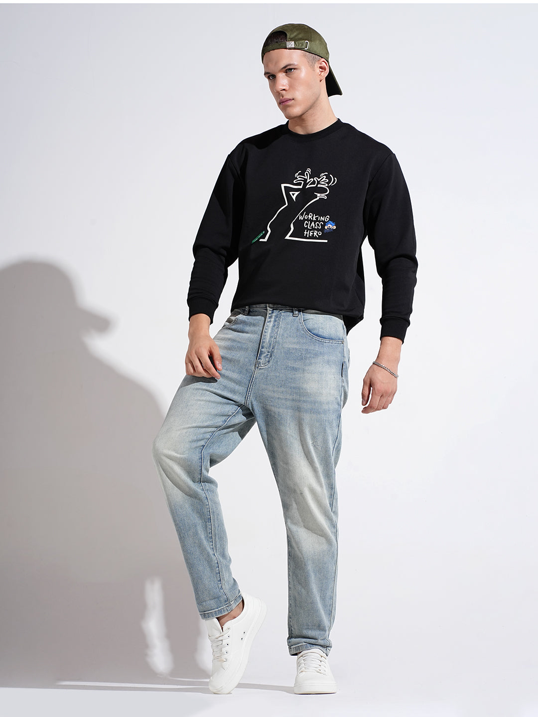 Men's Graphic Print Black Round Neck Ribbed Regular Fit Sweatshirt