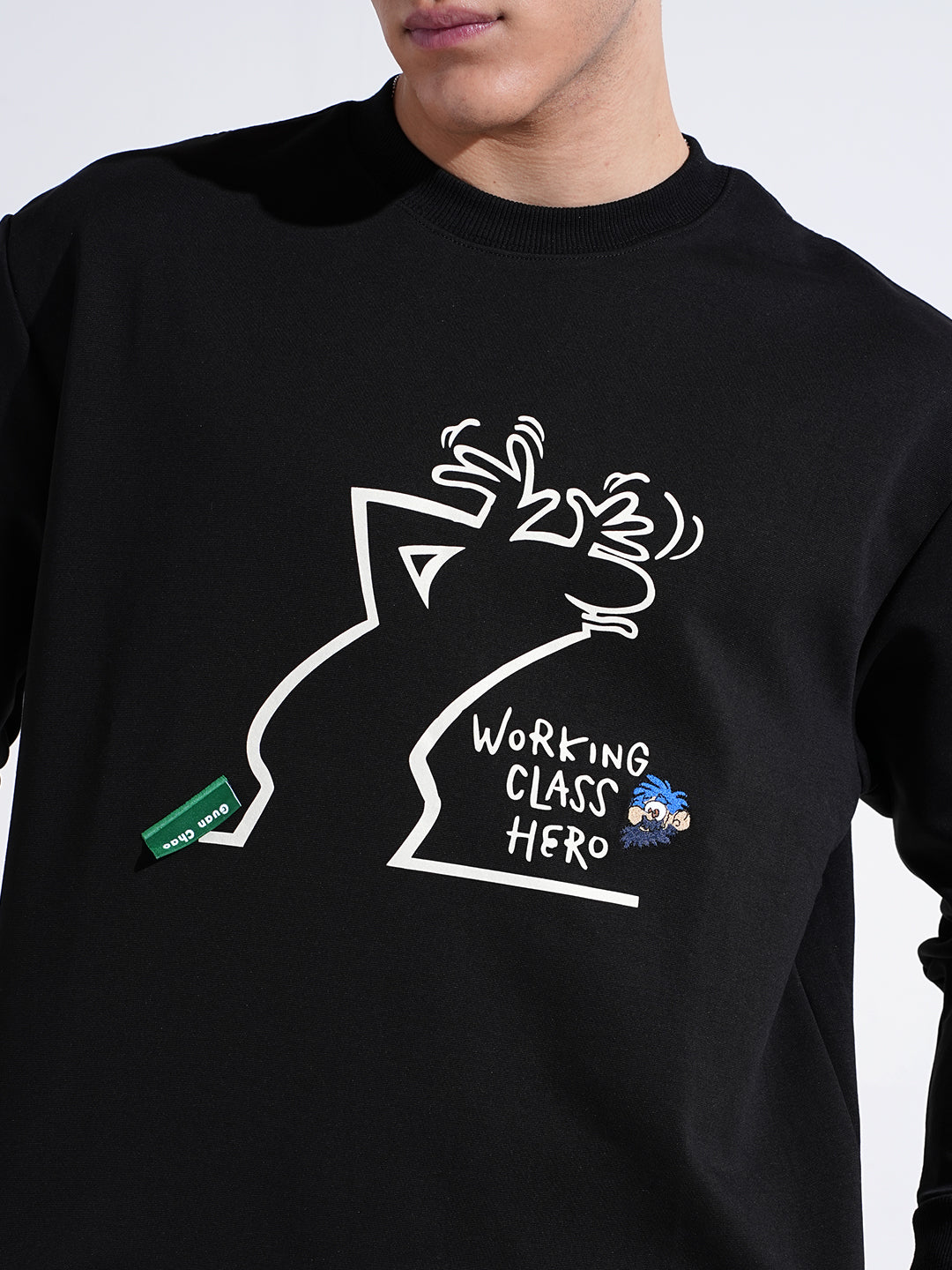 Men's Graphic Print Black Round Neck Ribbed Regular Fit Sweatshirt