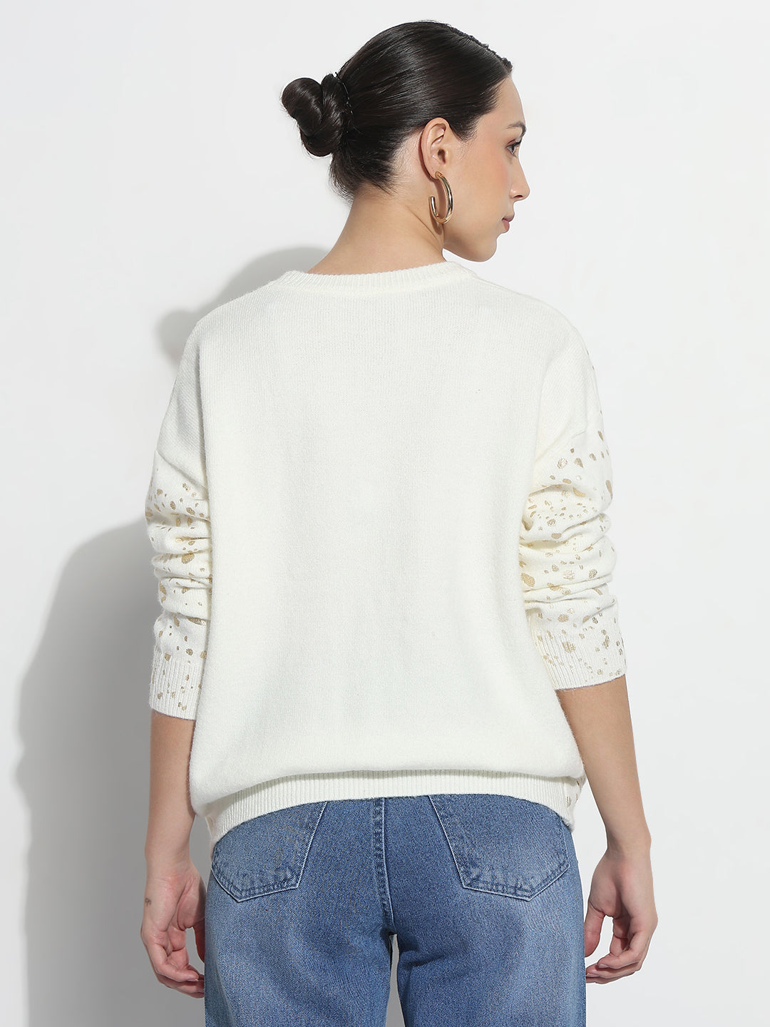 Women's Abstract Off White Round Neck Top with Gold Speckled