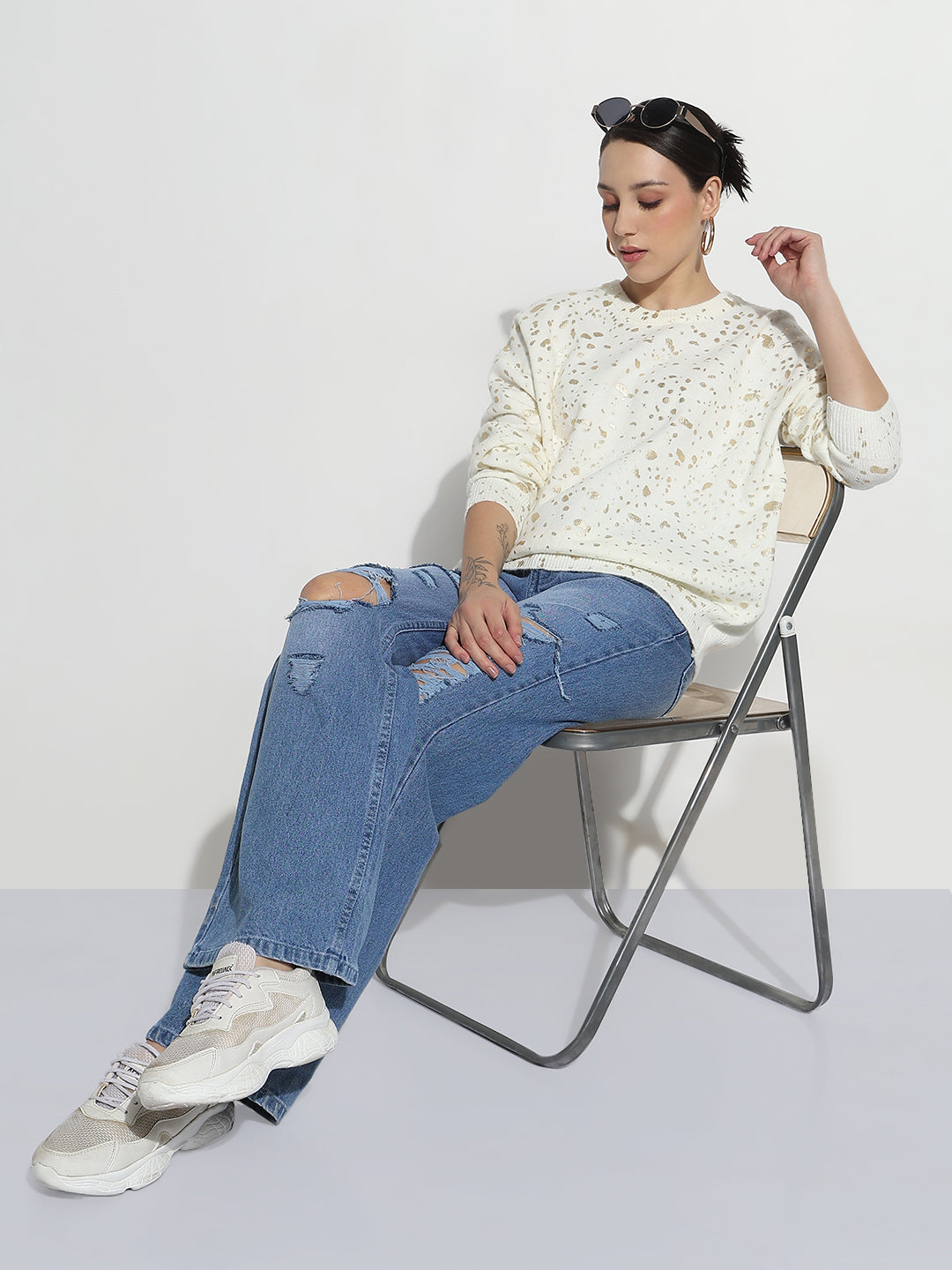 Women's Abstract Off White Round Neck Top with Gold Speckled