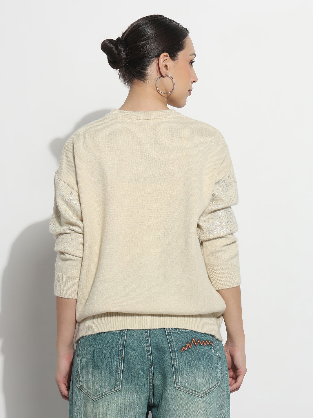 Women's Abstract Cream Round Neck Top with Metallic Speckled