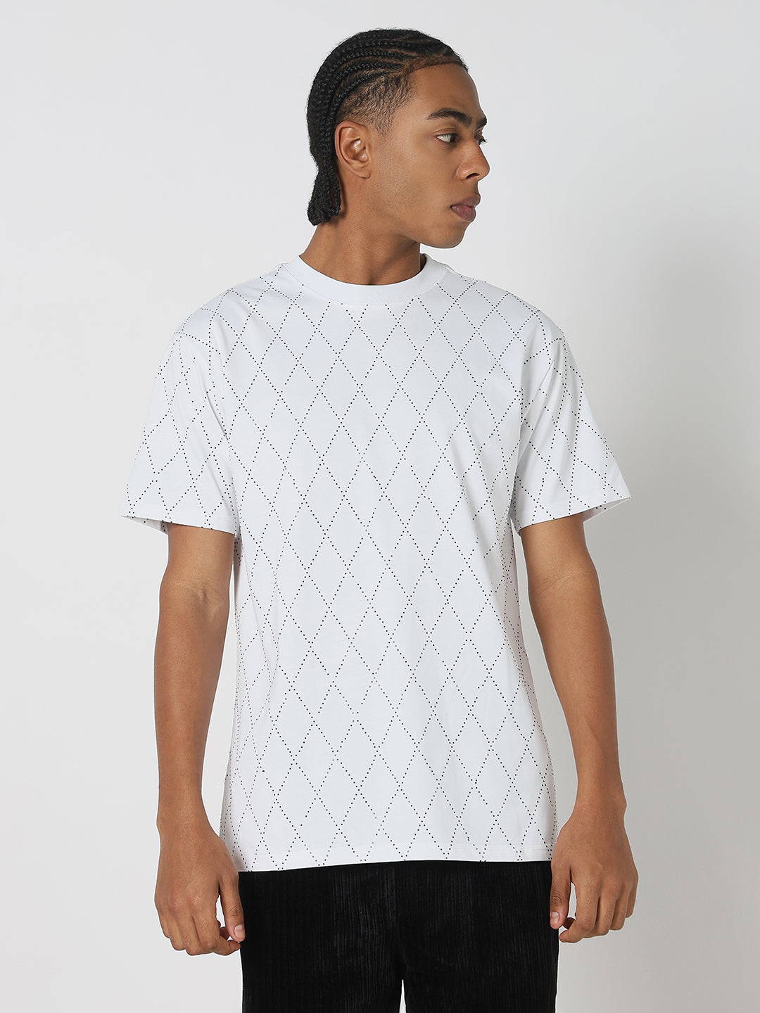 Men Casual White & Black Geometric T-Shirt