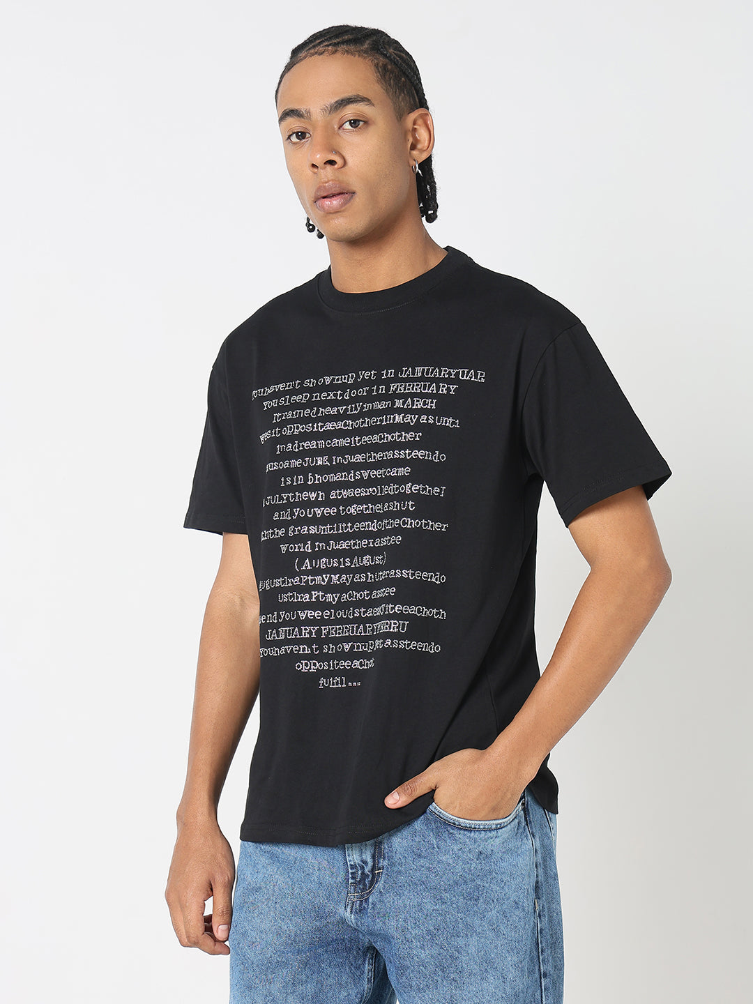 Men Casual Black Abstract Typography T-Shirt