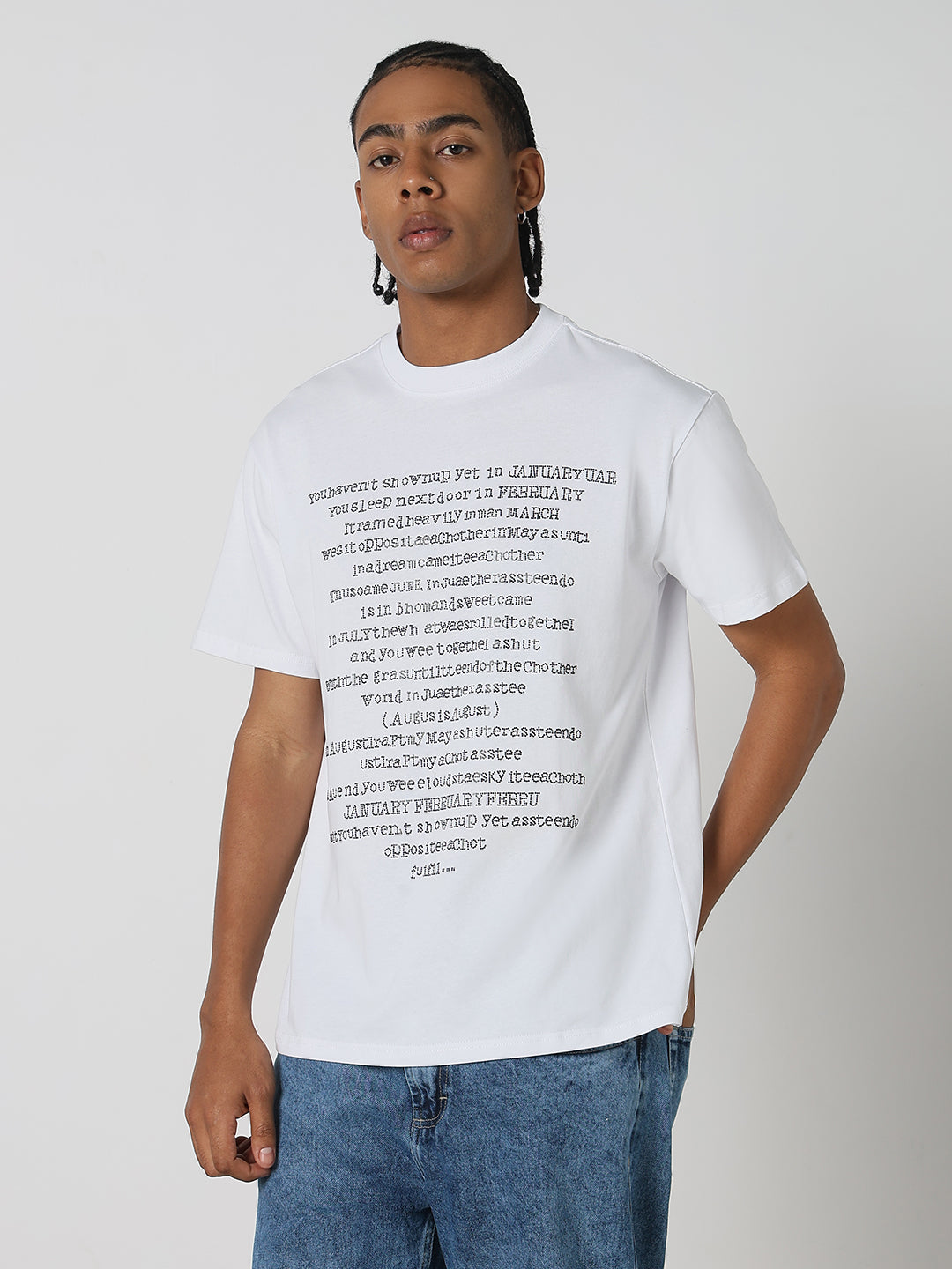 Men Casual White Abstract Typography T-Shirt