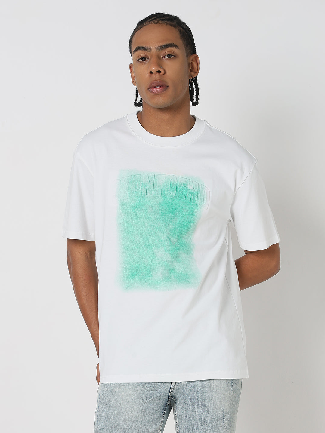 Men White & Green Vintage Wash T-Shirt